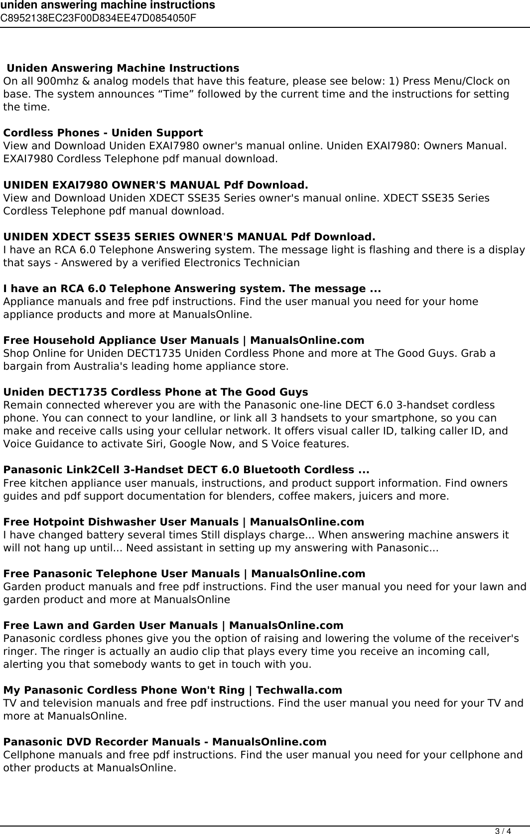 Page 3 of 4 - Uniden Answering Machine Instructions