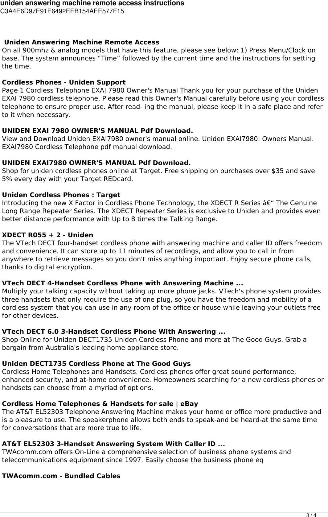 Page 3 of 4 - Uniden Answering Machine Remote Access Instructions