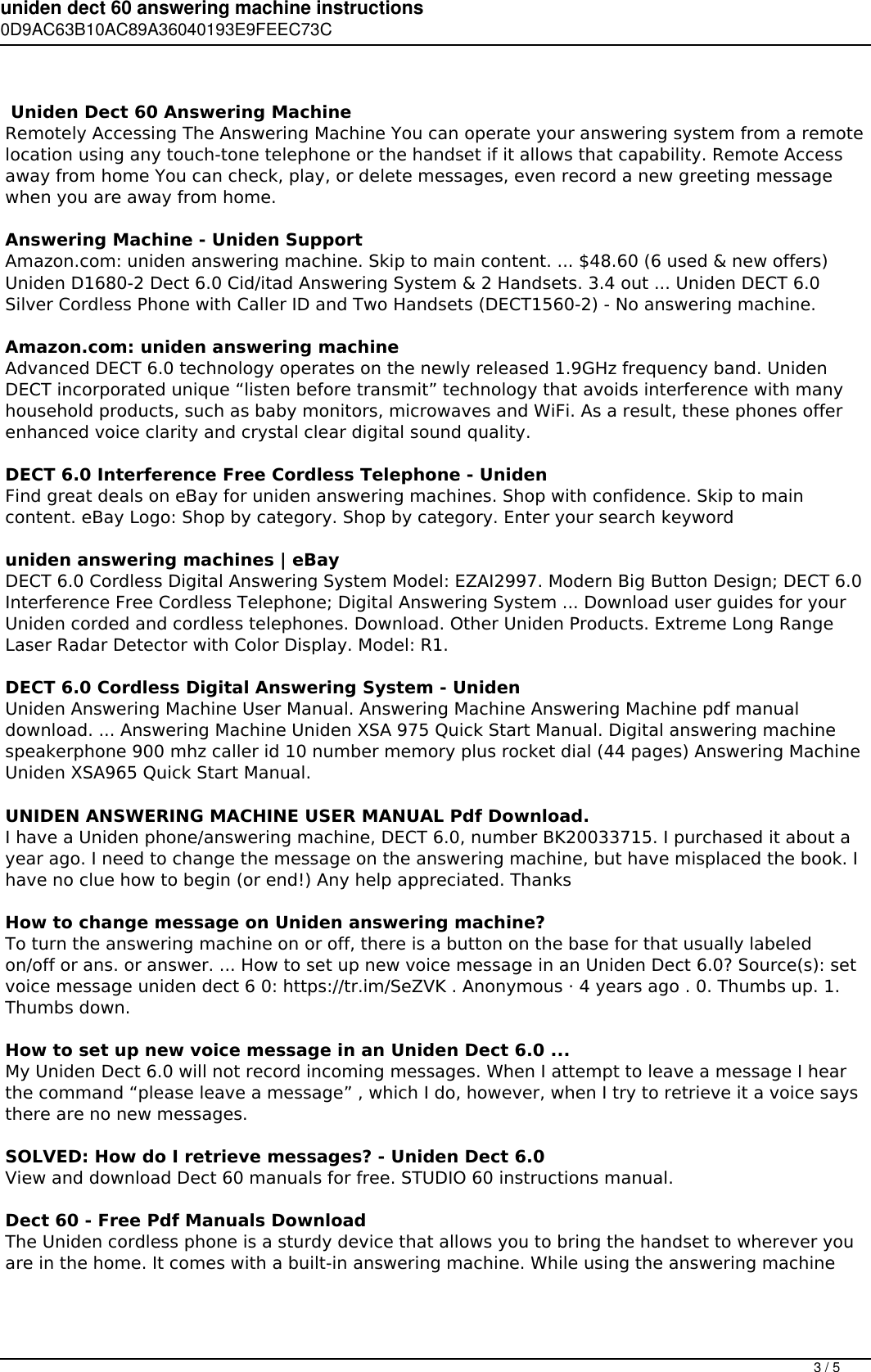 Page 3 of 5 - Uniden Dect 60 Answering Machine Instructions