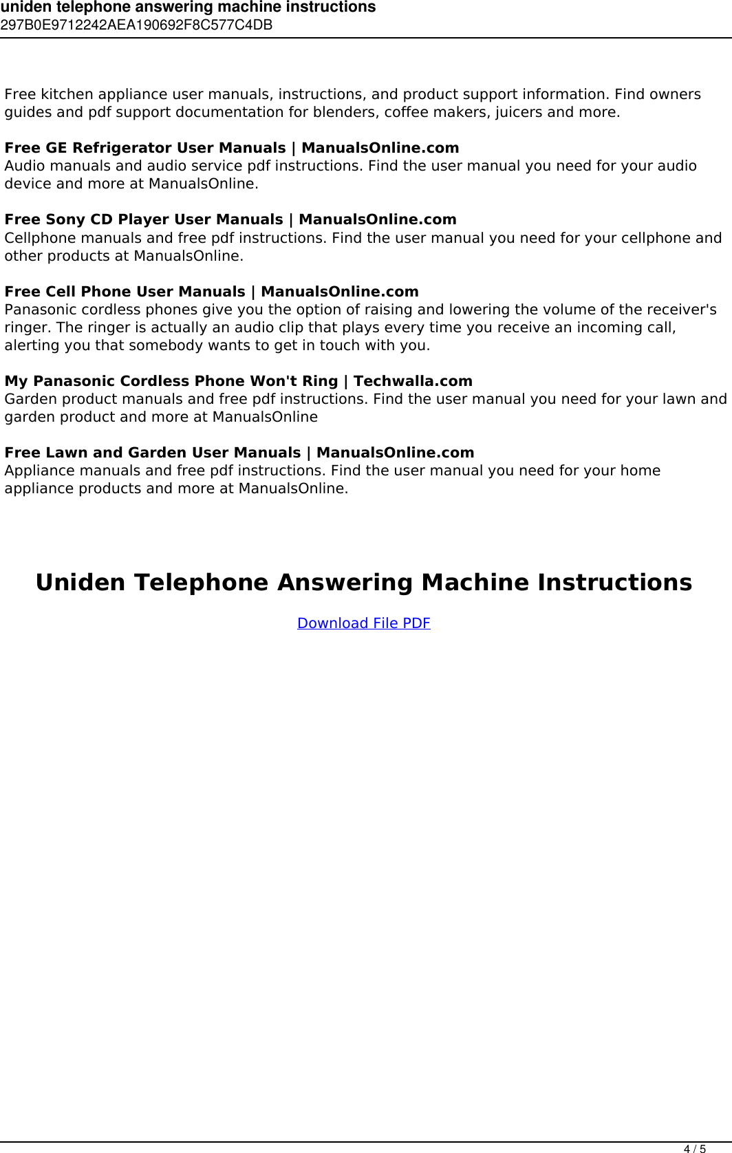Page 4 of 5 - Uniden Telephone Answering Machine Instructions