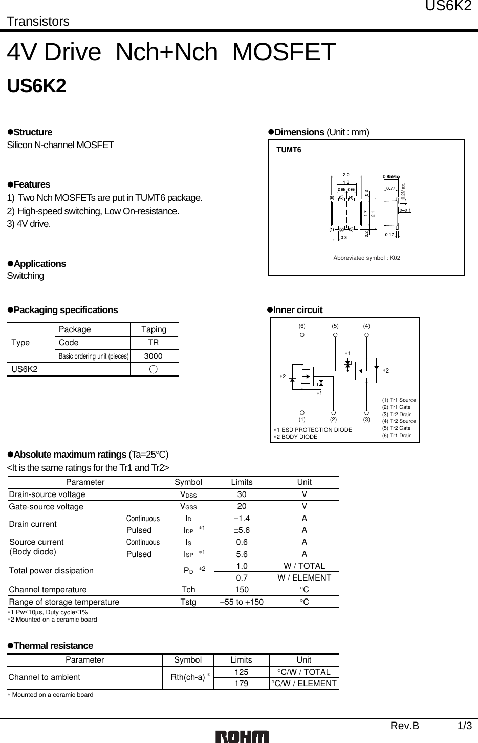 Page 1 of 5 - US6K2 - Datasheet. Www.s-manuals.com. Rohm