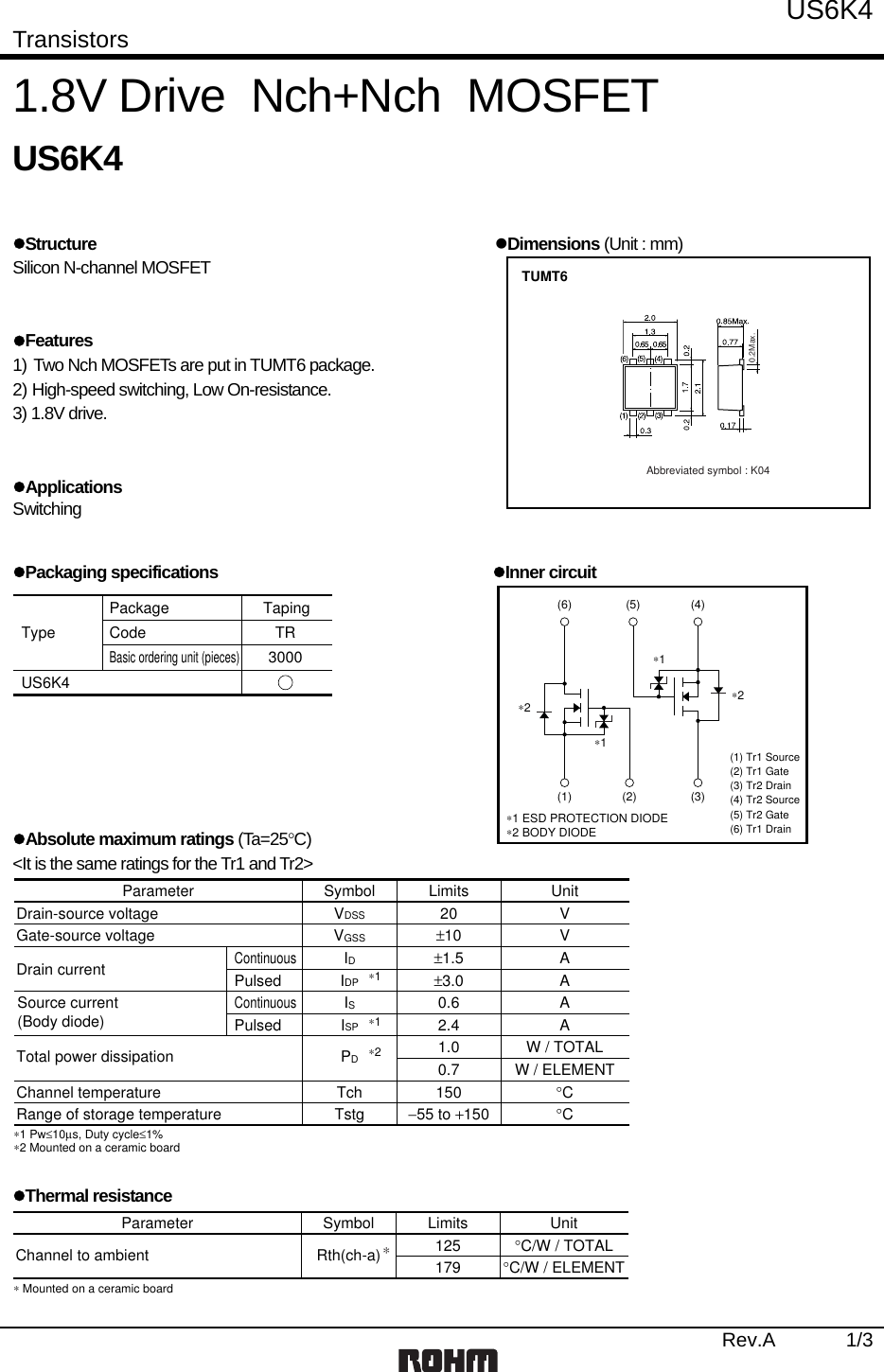 Page 1 of 5 - US6K4 - Datasheet. Www.s-manuals.com. Rohm