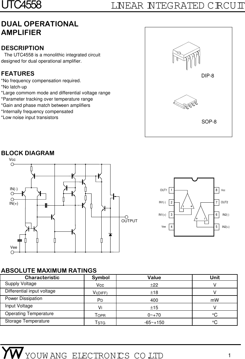 Page 1 of 5 - UTC4558 - Datasheet. Www.s-manuals.com. Youwang