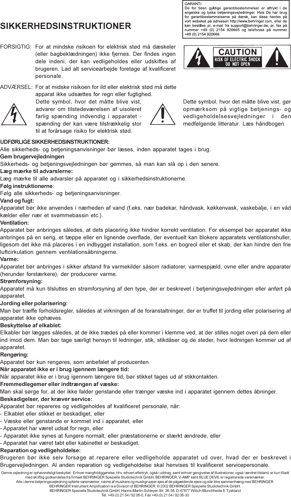 Data Manshrt V Amp2 Den Rev C Pmd Behringer V Amp 2 User Manual Danish Amp2 P0153 M Da
