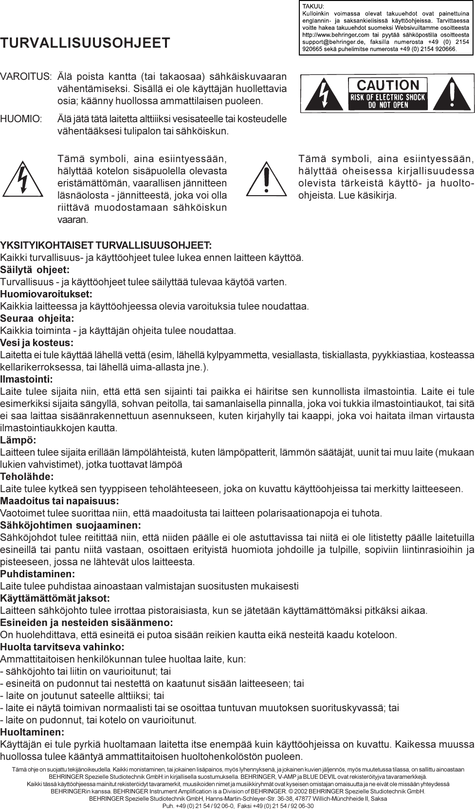 Data Manshrt V Amp2 Fin Rev C Pmd Behringer V Amp 2 User Manual Finnish Amp2 P0153 M Fi
