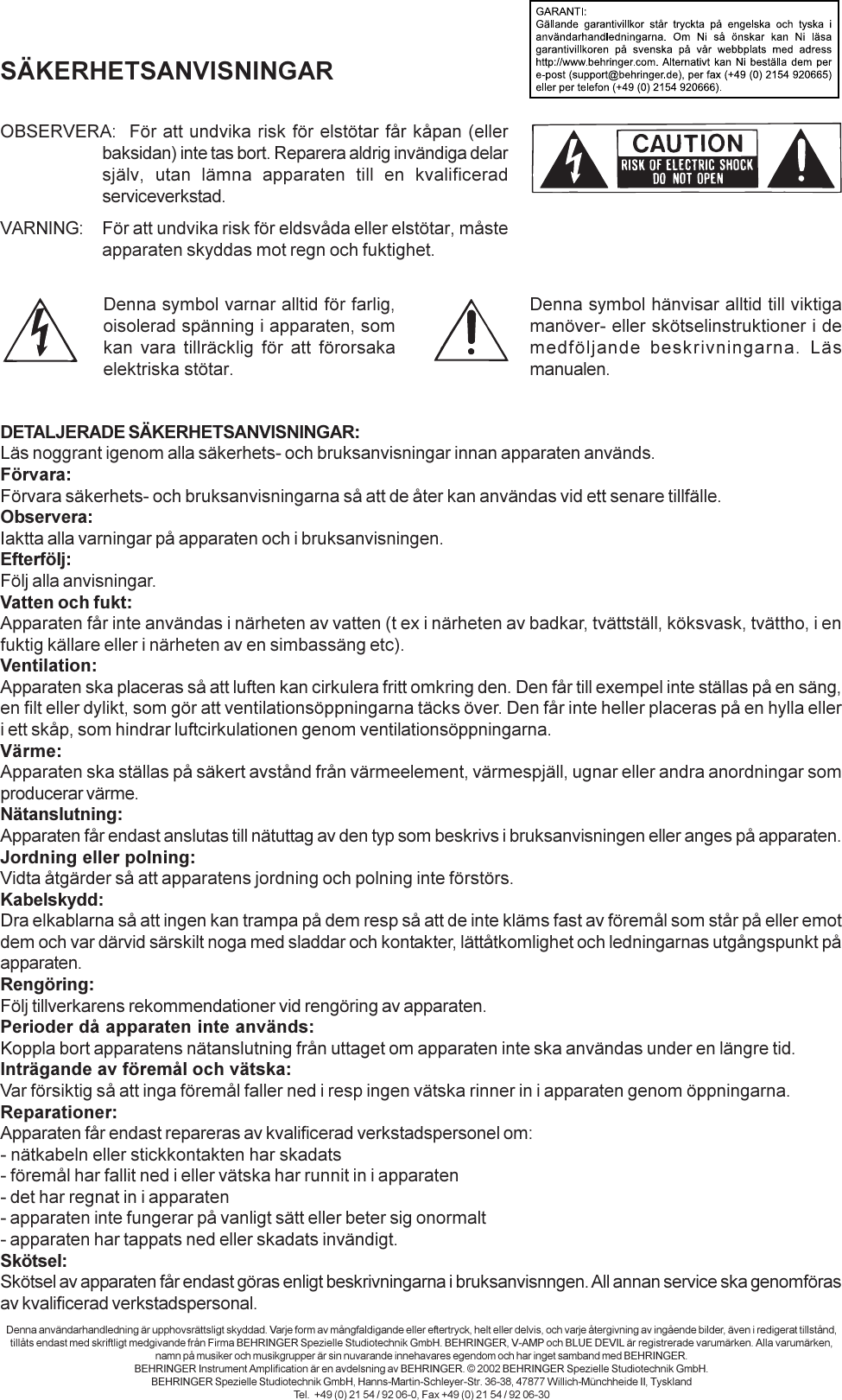 Data Manshrt V Amp2 Sve Rev C Pmd Behringer V Amp 2 User Manual Swedish Amp2 P0153 M Sv
