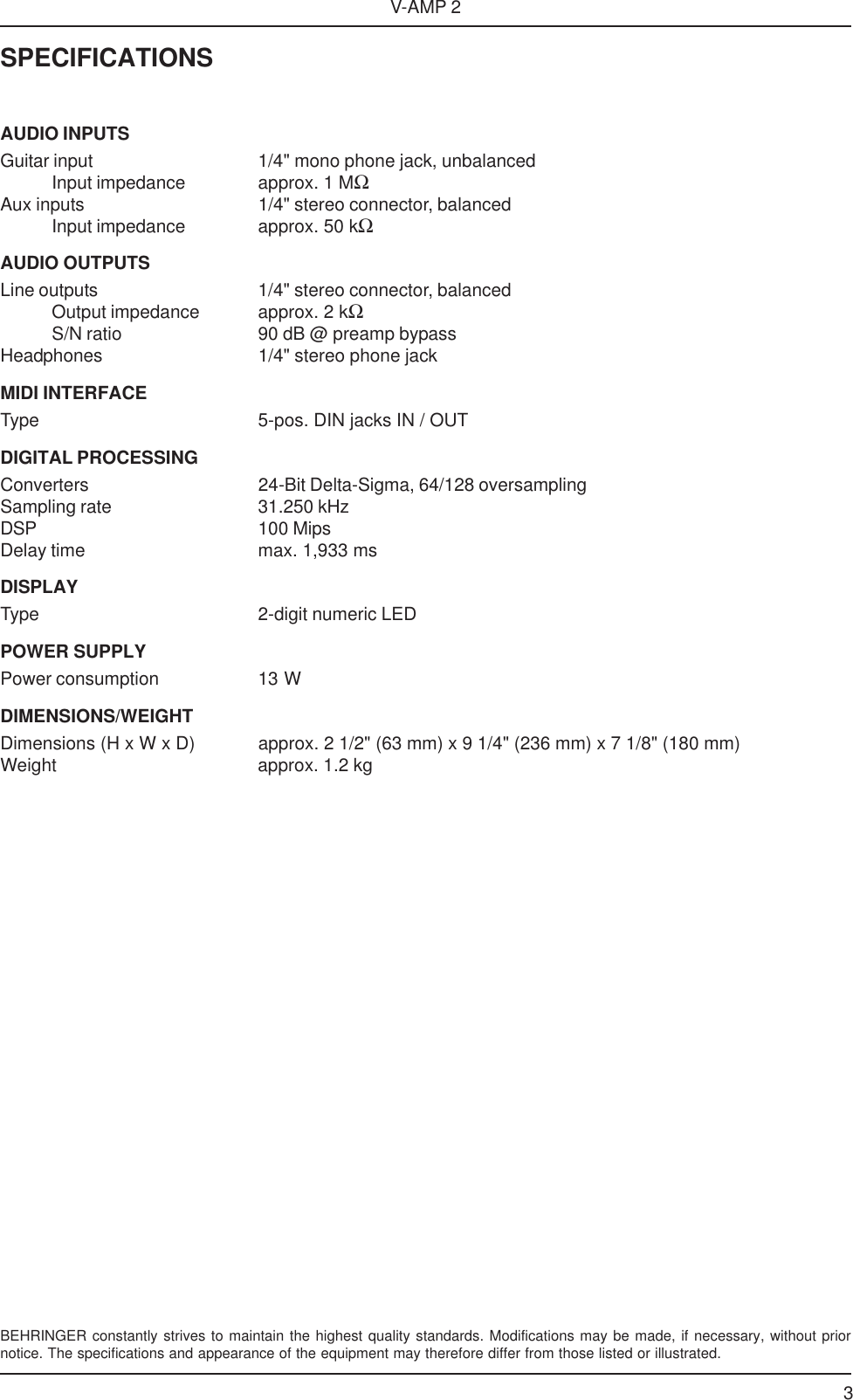 Page 3 of 4 - V-AMP2_SPECS_Rev_B.PMD Behringer V-AMP 2 Specification Sheet V-amp2 P0153 S En