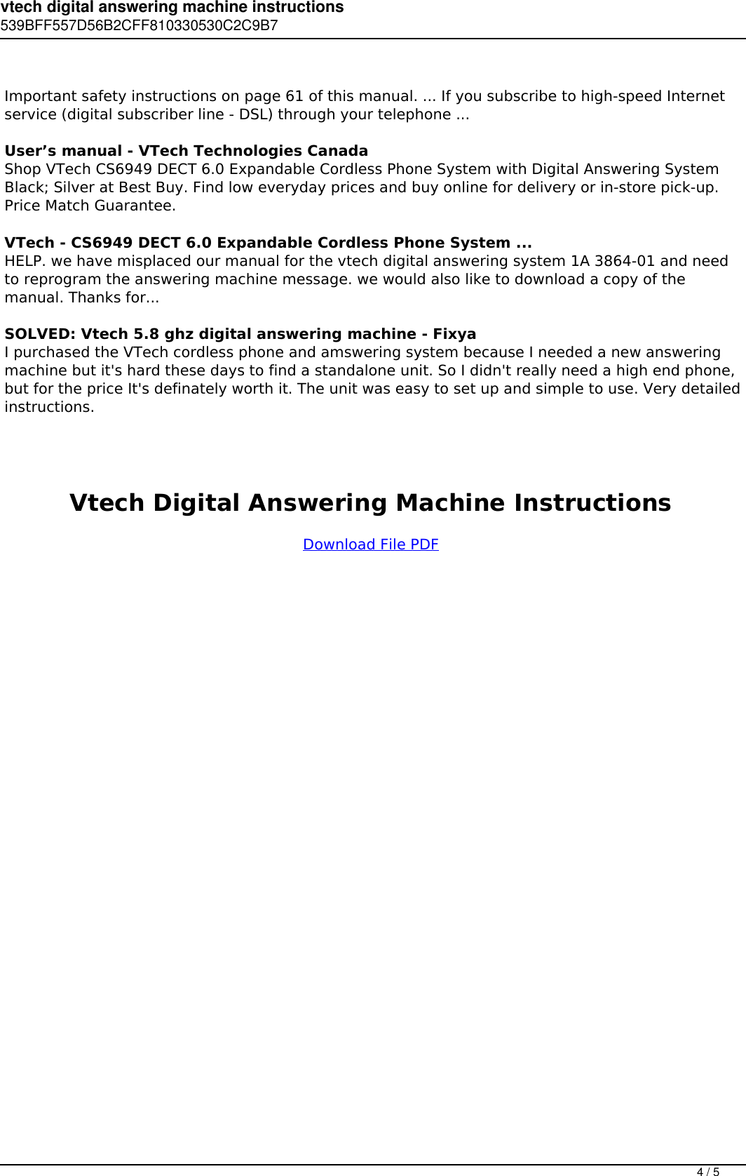 Page 4 of 5 - Vtech Digital Answering Machine Instructions