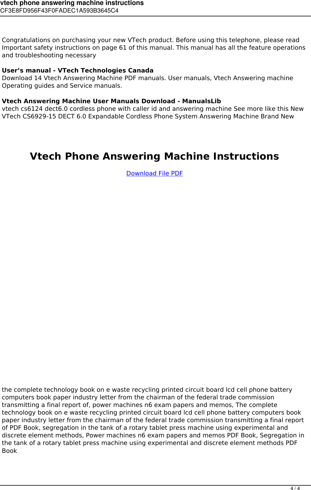 Page 4 of 4 - Vtech Phone Answering Machine Instructions