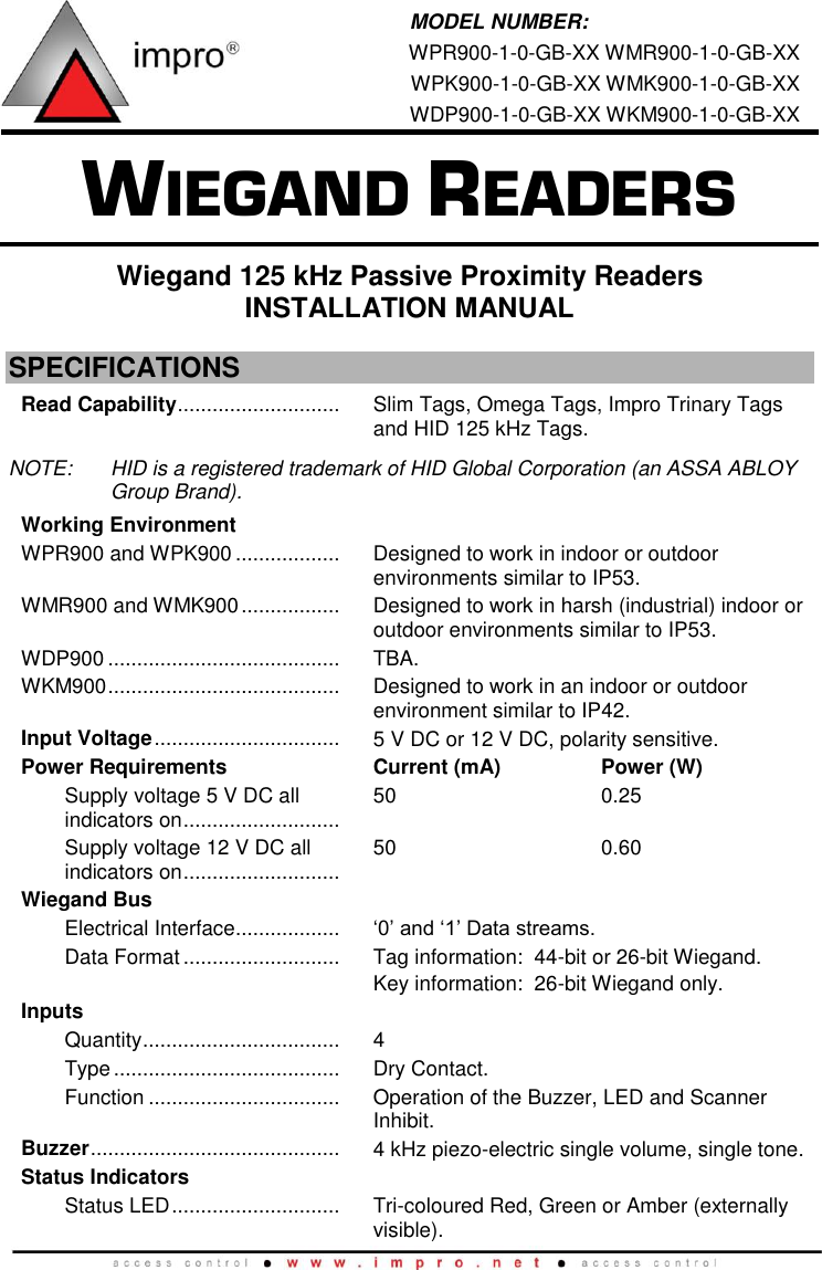 Page 1 of 12 - Wiegand Readers Reader Manuals