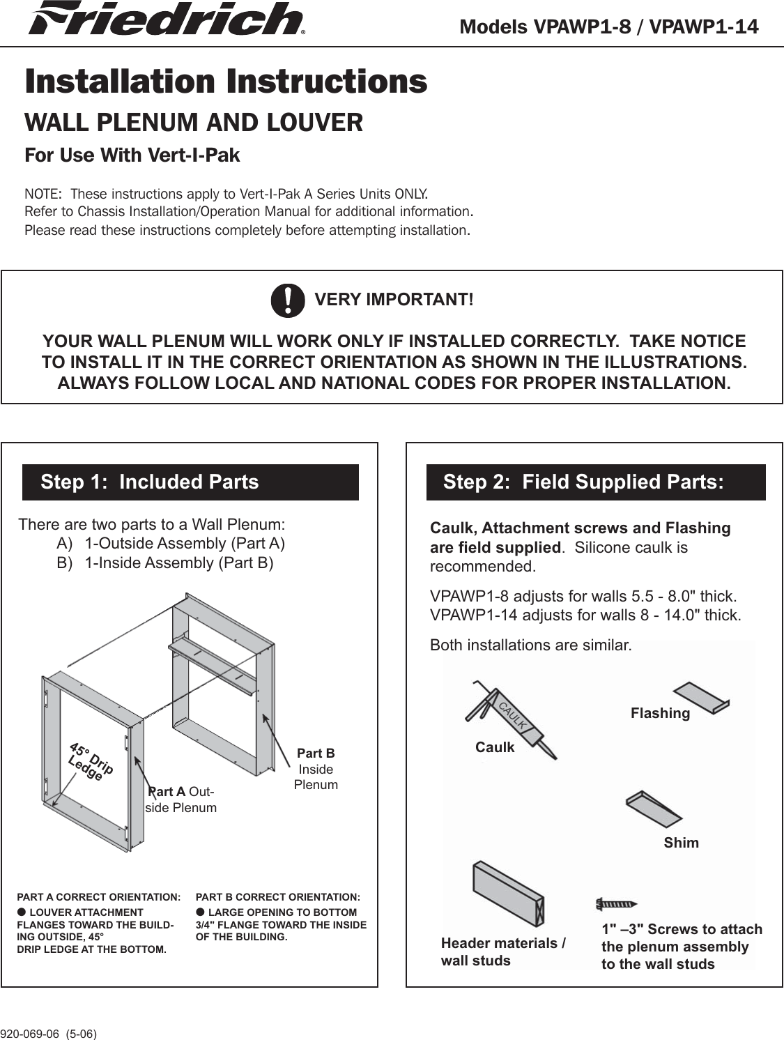 Page 1 of 8 - 92006906_VPAWP1-8_VPAWP1-14 (5-06)  54815 1507840152 Vert-I-Pak VPAWP Wall Plenum Installation Manual