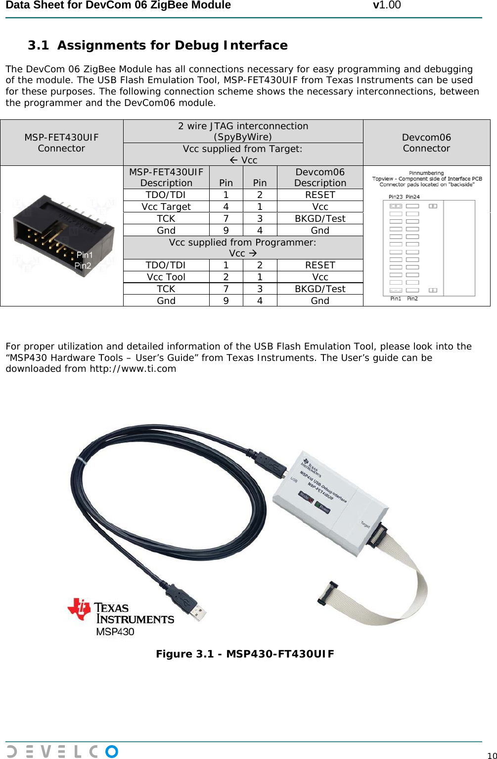  Data Sheet for DevCom 06 ZigBee Module                                             v1.00        10 3.1 Assignments for Debug Interface The DevCom 06 ZigBee Module has all connections necessary for easy programming and debugging of the module. The USB Flash Emulation Tool, MSP-FET430UIF from Texas Instruments can be used for these purposes. The following connection scheme shows the necessary interconnections, between the programmer and the DevCom06 module.   MSP-FET430UIF Connector 2 wire JTAG interconnection (SpyByWire) Devcom06 Connector Vcc supplied from Target:  Vcc  MSP-FET430UIF Description  Pin  Pin Devcom06 Description  TDO/TDI 1 2 RESET Vcc Target 4 1 Vcc TCK 7 3 BKGD/Test Gnd 9 4 Gnd Vcc supplied from Programmer: Vcc  TDO/TDI 1 2 RESET Vcc Tool 2 1 Vcc TCK 7 3 BKGD/Test Gnd 9 4 Gnd    For proper utilization and detailed information of the USB Flash Emulation Tool, please look into the “MSP430 Hardware Tools – User’s Guide” from Texas Instruments. The User’s guide can be downloaded from http://www.ti.com      Figure 3.1 - MSP430-FT430UIF     