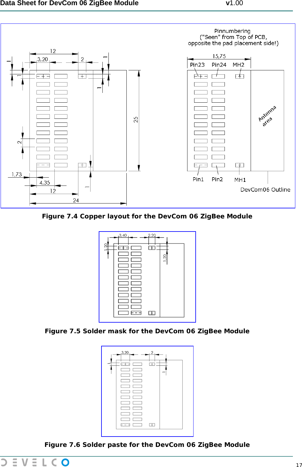  Data Sheet for DevCom 06 ZigBee Module                                             v1.00        17  Figure 7.4 Copper layout for the DevCom 06 ZigBee Module   Figure 7.5 Solder mask for the DevCom 06 ZigBee Module   Figure 7.6 Solder paste for the DevCom 06 ZigBee Module 