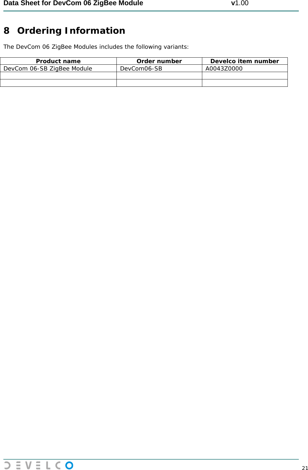  Data Sheet for DevCom 06 ZigBee Module                                             v1.00        21 8 Ordering Information The DevCom 06 ZigBee Modules includes the following variants:  Product name Order number Develco item number DevCom 06-SB ZigBee Module DevCom06-SB A0043Z0000        