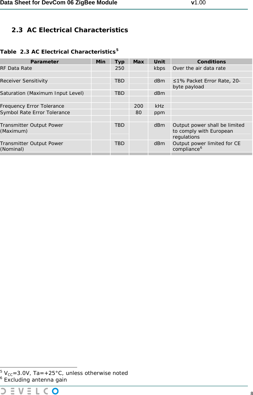  Data Sheet for DevCom 06 ZigBee Module                                             v1.00        8 2.3 AC Electrical Characteristics  Table  2.3 AC Electrical Characteristics5 Parameter Min Typ Max Unit Conditions RF Data Rate  250  kbps Over the air data rate       Receiver Sensitivity    TBD   dBm ≤1% Packet Error Rate, 20-byte payload Saturation (Maximum Input Level)  TBD  dBm        Frequency Error Tolerance   200 kHz  Symbol Rate Error Tolerance   80 ppm        Transmitter Output Power (Maximum)  TBD   dBm Output power shall be limited to comply with European regulations Transmitter Output Power  (Nominal)   TBD   dBm Output power limited for CE compliance6                                                            5 VCC=3.0V, Ta=+25°C, unless otherwise noted 6 Excluding antenna gain 