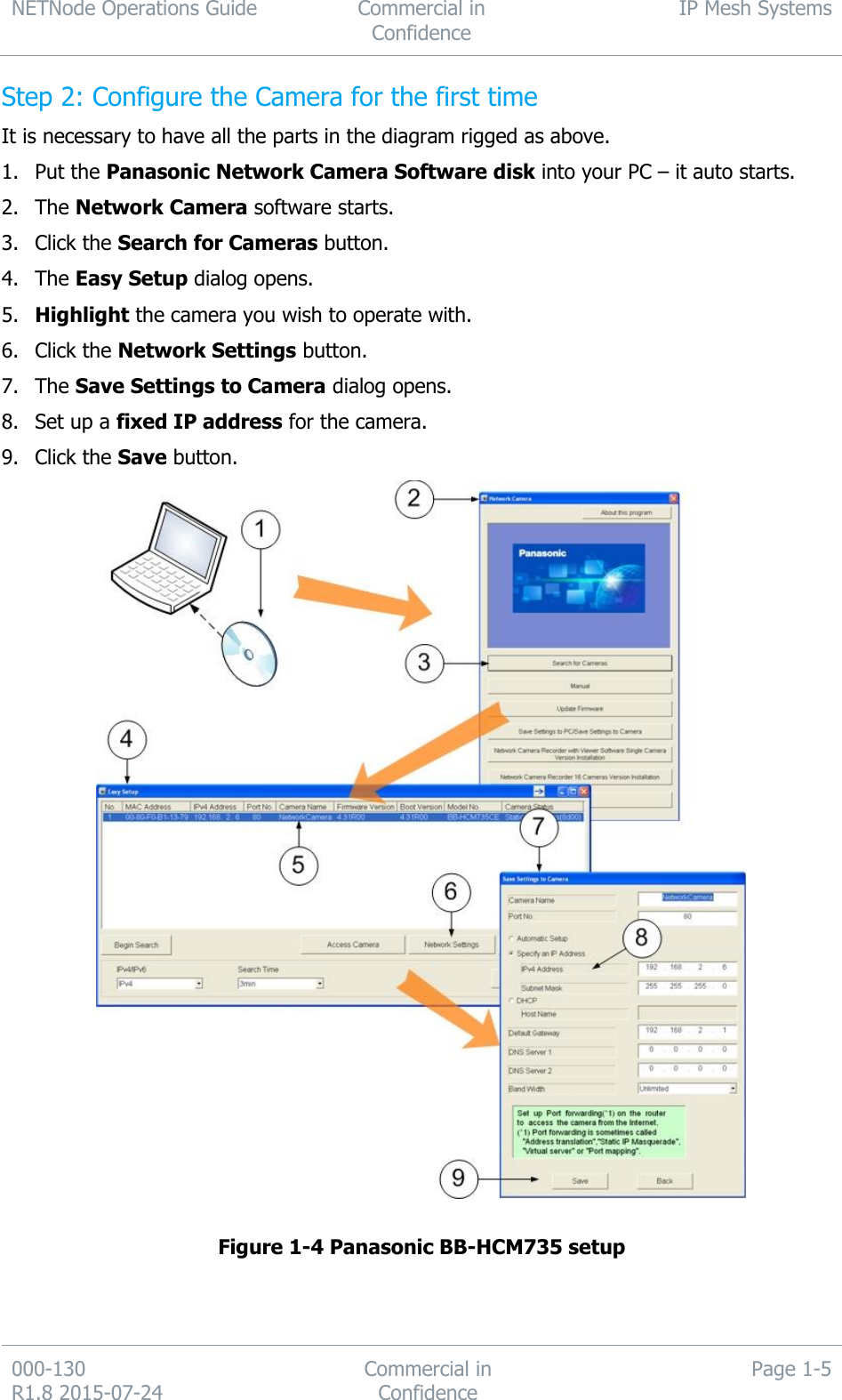 NETNode Operations Guide  Commercial in Confidence IP Mesh Systems  000-130   R1.8 2015-07-24 Commercial in Confidence Page 1-5  Step 2: Configure the Camera for the first time It is necessary to have all the parts in the diagram rigged as above. 1. Put the Panasonic Network Camera Software disk into your PC – it auto starts. 2. The Network Camera software starts. 3. Click the Search for Cameras button. 4. The Easy Setup dialog opens. 5. Highlight the camera you wish to operate with. 6. Click the Network Settings button. 7. The Save Settings to Camera dialog opens. 8. Set up a fixed IP address for the camera. 9. Click the Save button.   Figure 1-4 Panasonic BB-HCM735 setup 