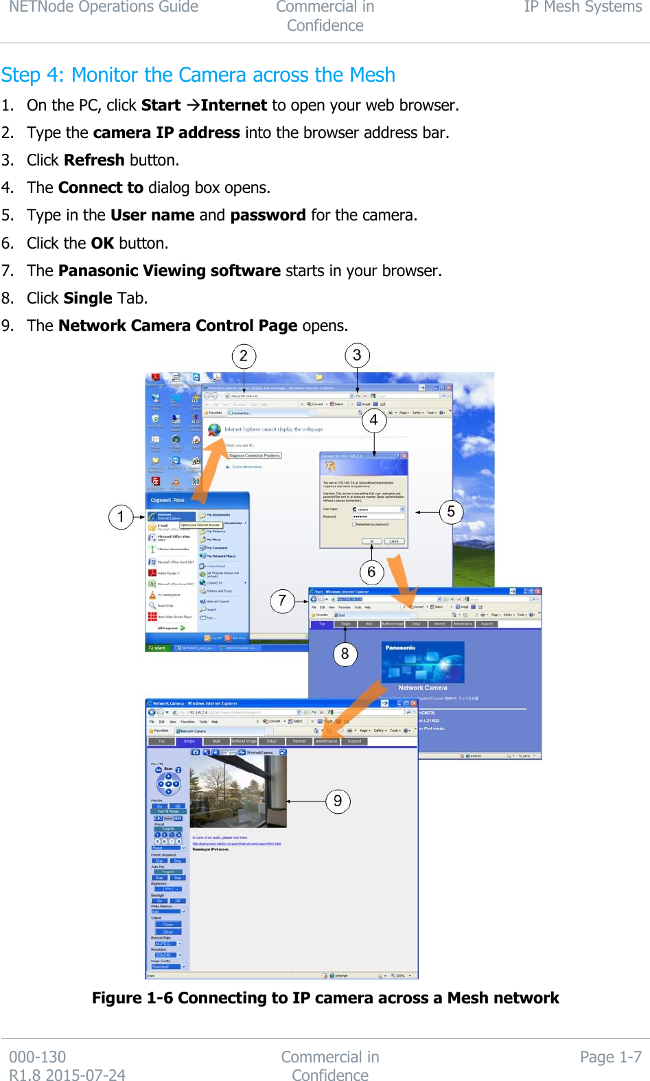 NETNode Operations Guide  Commercial in Confidence IP Mesh Systems  000-130   R1.8 2015-07-24 Commercial in Confidence Page 1-7  Step 4: Monitor the Camera across the Mesh 1. On the PC, click Start Internet to open your web browser. 2. Type the camera IP address into the browser address bar. 3. Click Refresh button. 4. The Connect to dialog box opens. 5. Type in the User name and password for the camera. 6. Click the OK button. 7. The Panasonic Viewing software starts in your browser. 8. Click Single Tab. 9. The Network Camera Control Page opens.  Figure 1-6 Connecting to IP camera across a Mesh network 