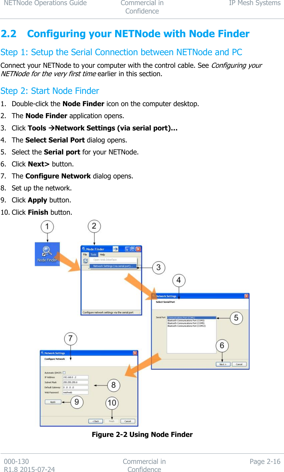 NETNode Operations Guide  Commercial in Confidence IP Mesh Systems  000-130   R1.8 2015-07-24 Commercial in Confidence Page 2-16  2.2 Configuring your NETNode with Node Finder Step 1: Setup the Serial Connection between NETNode and PC Connect your NETNode to your computer with the control cable. See Configuring your NETNode for the very first time earlier in this section. Step 2: Start Node Finder 1. Double-click the Node Finder icon on the computer desktop. 2. The Node Finder application opens. 3. Click Tools Network Settings (via serial port)… 4. The Select Serial Port dialog opens. 5. Select the Serial port for your NETNode. 6. Click Next&gt; button. 7. The Configure Network dialog opens. 8. Set up the network. 9. Click Apply button. 10. Click Finish button.  Figure 2-2 Using Node Finder  