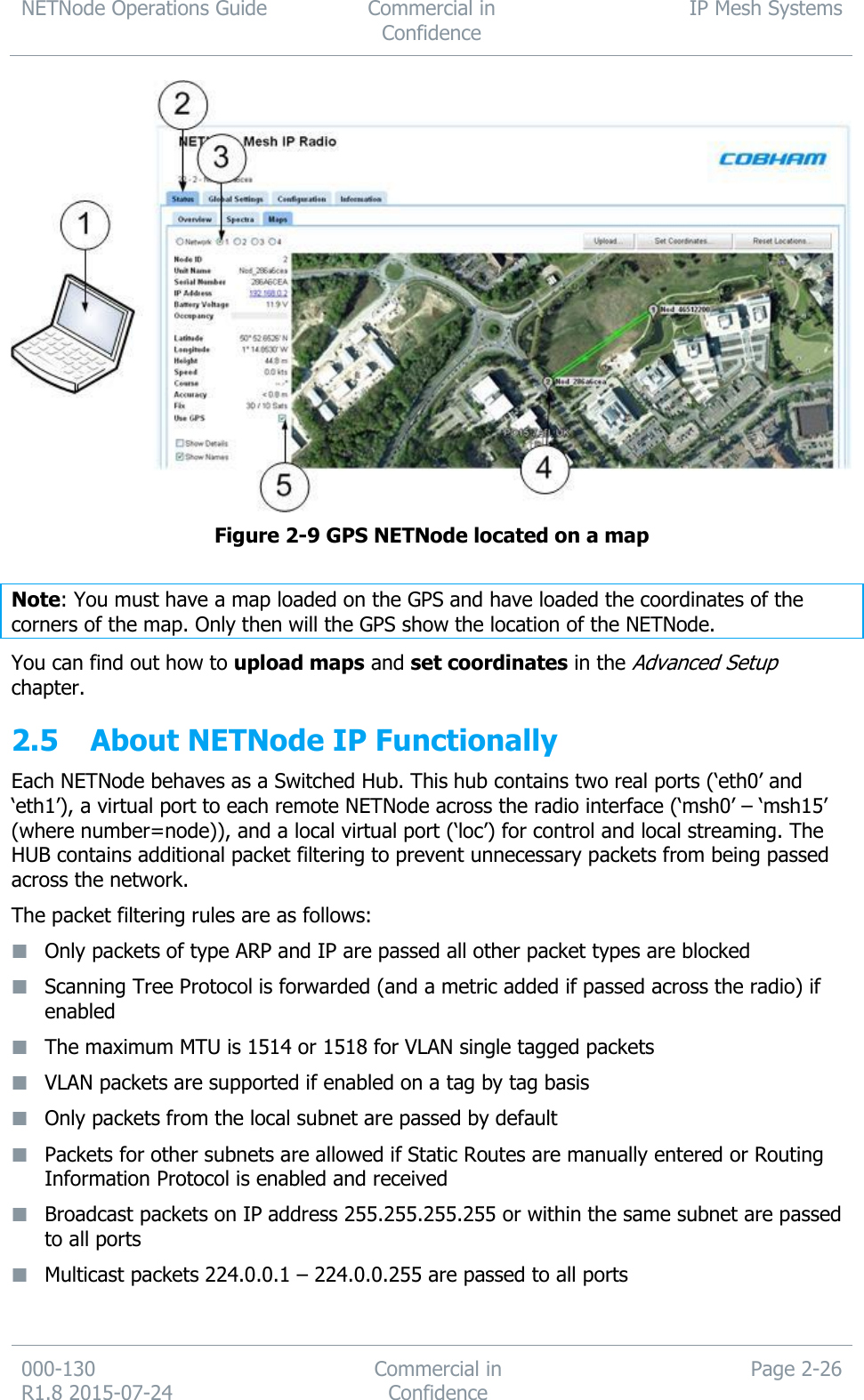 NETNode Operations Guide  Commercial in Confidence IP Mesh Systems  000-130   R1.8 2015-07-24 Commercial in Confidence Page 2-26   Figure 2-9 GPS NETNode located on a map  Note: You must have a map loaded on the GPS and have loaded the coordinates of the corners of the map. Only then will the GPS show the location of the NETNode. You can find out how to upload maps and set coordinates in the Advanced Setup chapter. 2.5 About NETNode IP Functionally Each NETNode behaves as a Switched Hub. This hub contains two real ports (‘eth0’ and ‘eth1’), a virtual port to each remote NETNode across the radio interface (‘msh0’ – ‘msh15’ (where number=node)), and a local virtual port (‘loc’) for control and local streaming. The HUB contains additional packet filtering to prevent unnecessary packets from being passed across the network. The packet filtering rules are as follows:  Only packets of type ARP and IP are passed all other packet types are blocked  Scanning Tree Protocol is forwarded (and a metric added if passed across the radio) if enabled  The maximum MTU is 1514 or 1518 for VLAN single tagged packets  VLAN packets are supported if enabled on a tag by tag basis  Only packets from the local subnet are passed by default  Packets for other subnets are allowed if Static Routes are manually entered or Routing Information Protocol is enabled and received  Broadcast packets on IP address 255.255.255.255 or within the same subnet are passed to all ports  Multicast packets 224.0.0.1 – 224.0.0.255 are passed to all ports 