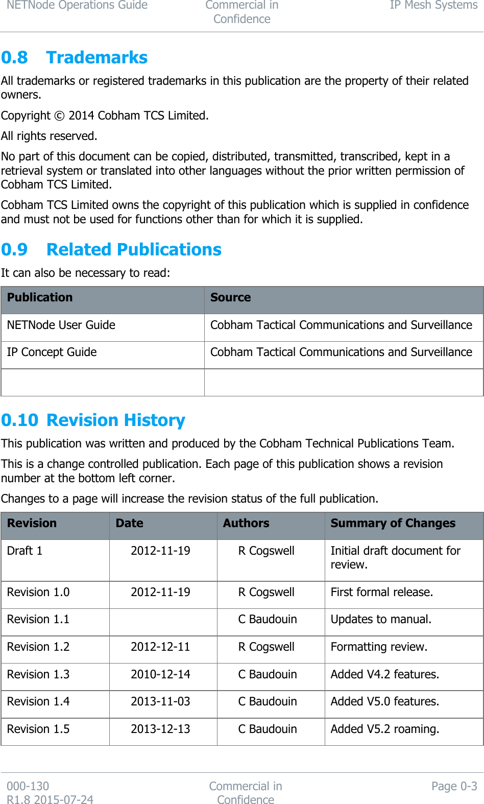 NETNode Operations Guide  Commercial in Confidence IP Mesh Systems  000-130   R1.8 2015-07-24 Commercial in Confidence Page 0-3  0.8 Trademarks All trademarks or registered trademarks in this publication are the property of their related owners. Copyright © 2014 Cobham TCS Limited. All rights reserved. No part of this document can be copied, distributed, transmitted, transcribed, kept in a retrieval system or translated into other languages without the prior written permission of Cobham TCS Limited.  Cobham TCS Limited owns the copyright of this publication which is supplied in confidence and must not be used for functions other than for which it is supplied. 0.9 Related Publications It can also be necessary to read: Publication Source NETNode User Guide Cobham Tactical Communications and Surveillance IP Concept Guide Cobham Tactical Communications and Surveillance   0.10 Revision History This publication was written and produced by the Cobham Technical Publications Team. This is a change controlled publication. Each page of this publication shows a revision number at the bottom left corner. Changes to a page will increase the revision status of the full publication. Revision Date Authors Summary of Changes Draft 1 2012-11-19 R Cogswell Initial draft document for review. Revision 1.0 2012-11-19 R Cogswell First formal release. Revision 1.1  C Baudouin Updates to manual. Revision 1.2 2012-12-11 R Cogswell Formatting review. Revision 1.3 2010-12-14 C Baudouin Added V4.2 features. Revision 1.4 2013-11-03 C Baudouin Added V5.0 features. Revision 1.5 2013-12-13 C Baudouin Added V5.2 roaming. 