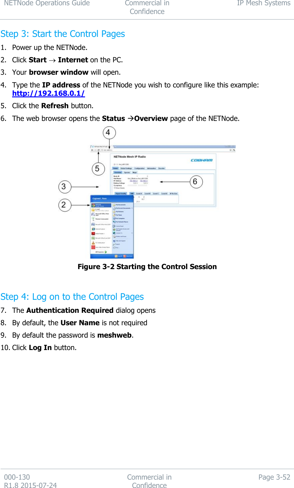 NETNode Operations Guide  Commercial in Confidence IP Mesh Systems  000-130   R1.8 2015-07-24 Commercial in Confidence Page 3-52  Step 3: Start the Control Pages 1. Power up the NETNode. 2. Click Start  Internet on the PC. 3. Your browser window will open. 4. Type the IP address of the NETNode you wish to configure like this example: http://192.168.0.1/ 5. Click the Refresh button. 6. The web browser opens the Status Overview page of the NETNode.  Figure 3-2 Starting the Control Session  Step 4: Log on to the Control Pages 7. The Authentication Required dialog opens 8. By default, the User Name is not required 9. By default the password is meshweb. 10. Click Log In button. 