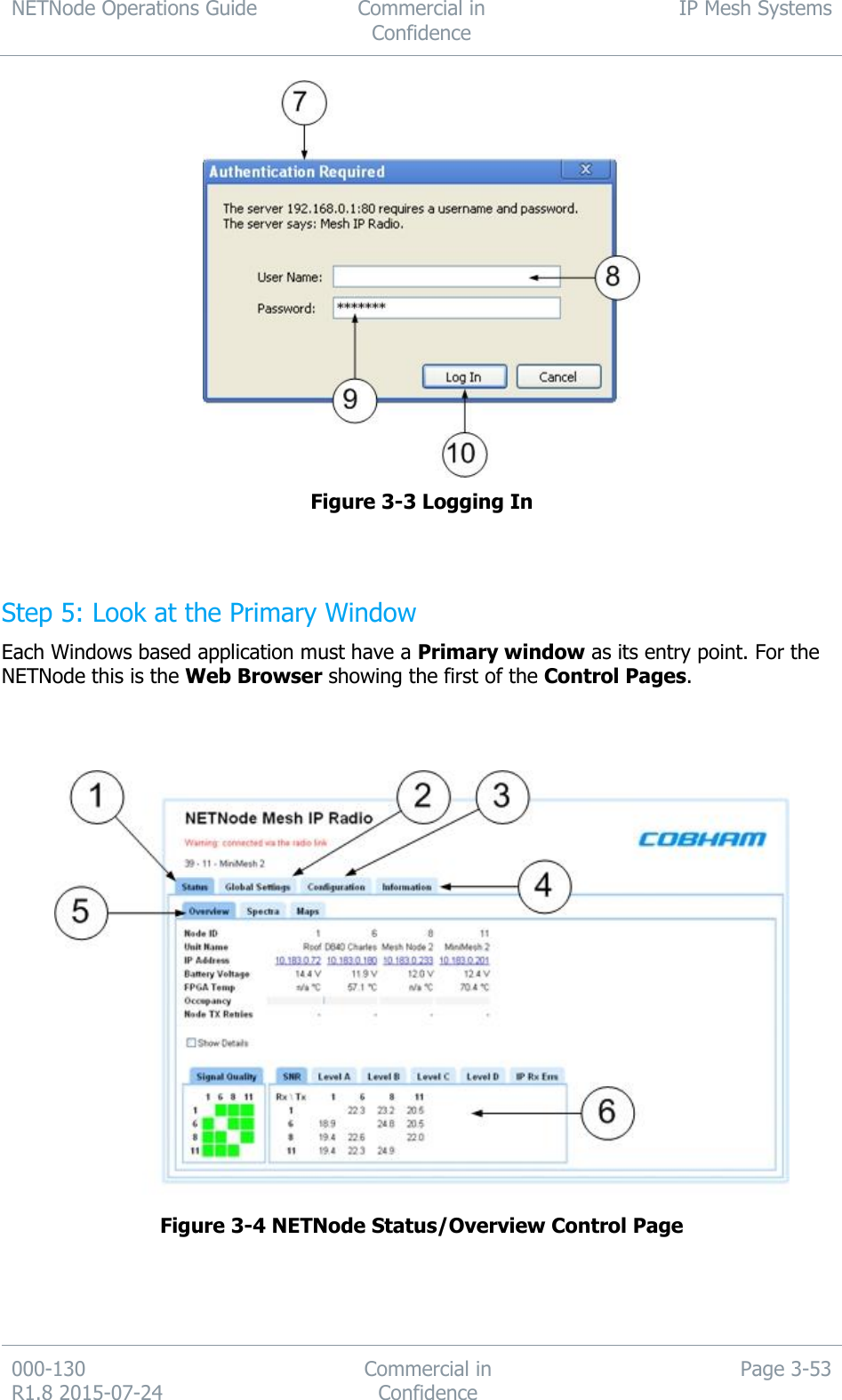 NETNode Operations Guide  Commercial in Confidence IP Mesh Systems  000-130   R1.8 2015-07-24 Commercial in Confidence Page 3-53   Figure 3-3 Logging In   Step 5: Look at the Primary Window Each Windows based application must have a Primary window as its entry point. For the NETNode this is the Web Browser showing the first of the Control Pages.     Figure 3-4 NETNode Status/Overview Control Page    