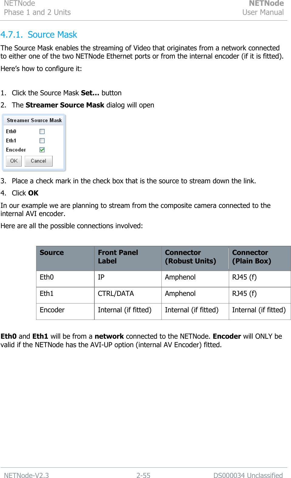 NETNode Phase 1 and 2 Units  NETNode User Manual  NETNode-V2.3 2-55 DS000034 Unclassified  4.7.1. Source Mask The Source Mask enables the streaming of Video that originates from a network connected to either one of the two NETNode Ethernet ports or from the internal encoder (if it is fitted). Here‟s how to configure it:  1. Click the Source Mask Set… button 2. The Streamer Source Mask dialog will open  3. Place a check mark in the check box that is the source to stream down the link. 4. Click OK In our example we are planning to stream from the composite camera connected to the internal AVI encoder. Here are all the possible connections involved:  Source Front Panel Label Connector (Robust Units) Connector (Plain Box) Eth0 IP Amphenol RJ45 (f) Eth1 CTRL/DATA Amphenol RJ45 (f) Encoder Internal (if fitted) Internal (if fitted) Internal (if fitted)  Eth0 and Eth1 will be from a network connected to the NETNode. Encoder will ONLY be valid if the NETNode has the AVI-UP option (internal AV Encoder) fitted. 