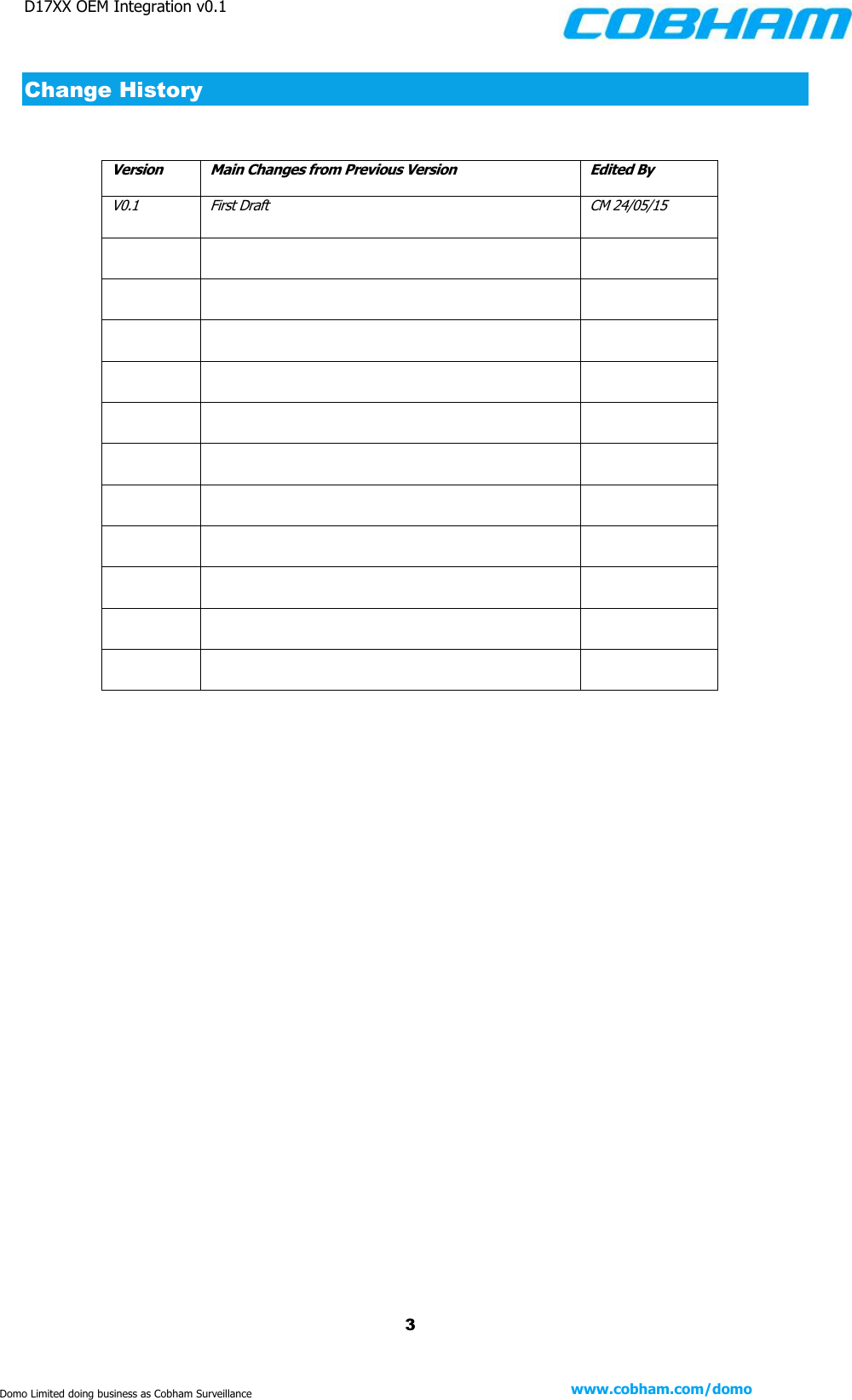 D17XX OEM Integration v0.1    3 www.cobham.com/domo  Domo Limited doing business as Cobham Surveillance Change History  Version Main Changes from Previous Version Edited By V0.1 First Draft CM 24/05/15                                       