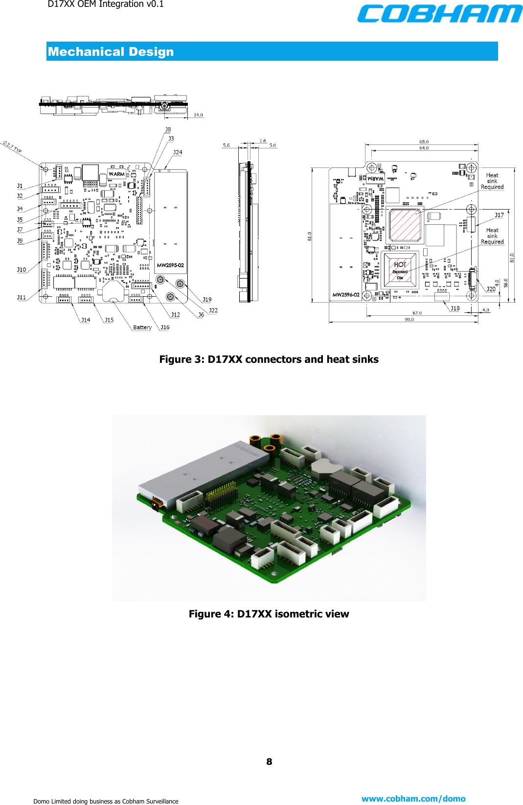 D17XX OEM Integration v0.1    8 www.cobham.com/domo  Domo Limited doing business as Cobham Surveillance Mechanical Design                  Figure 3: D17XX connectors and heat sinks     Figure 4: D17XX isometric view    