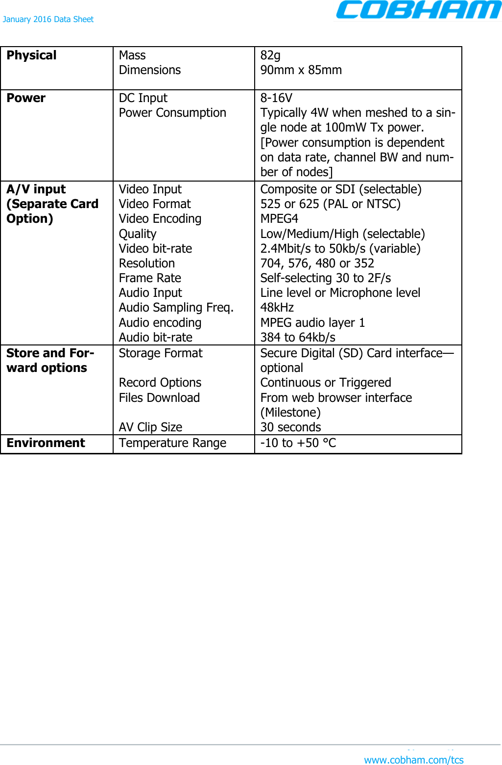 Physical  Mass Dimensions 82g 90mm x 85mm Power  DC Input Power Consumption  8-16V Typically 4W when meshed to a sin-gle node at 100mW Tx power. [Power consumption is dependent on data rate, channel BW and num-ber of nodes] A/V input  (Separate Card Option) Video Input Video Format Video Encoding Quality Video bit-rate Resolution Frame Rate Audio Input Audio Sampling Freq. Audio encoding Audio bit-rate Composite or SDI (selectable) 525 or 625 (PAL or NTSC) MPEG4 Low/Medium/High (selectable) 2.4Mbit/s to 50kb/s (variable) 704, 576, 480 or 352 Self-selecting 30 to 2F/s Line level or Microphone level 48kHz MPEG audio layer 1 384 to 64kb/s Store and For-ward options Storage Format  Record Options Files Download  AV Clip Size Secure Digital (SD) Card interface—optional Continuous or Triggered From web browser interface (Milestone) 30 seconds Environment  Temperature Range  -10 to +50 °C January 2016 Data Sheet www.cobham.com/tcs 