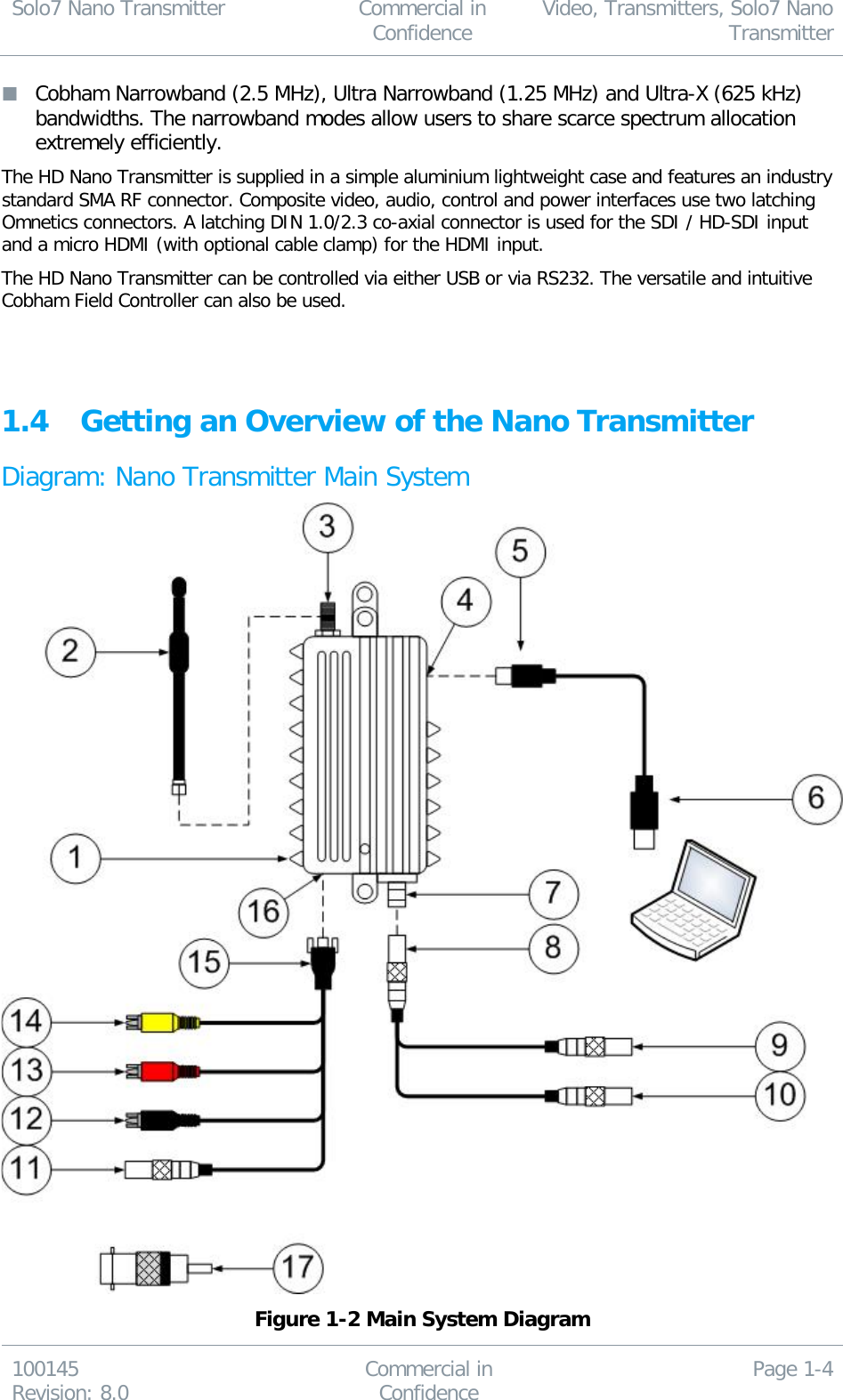 Solo7 Nano Transmitter  Commercial in Confidence Video, Transmitters, Solo7 Nano Transmitter  100145 Revision: 8.0 Commercial in Confidence Page 1-4   Cobham Narrowband (2.5 MHz), Ultra Narrowband (1.25 MHz) and Ultra-X (625 kHz) bandwidths. The narrowband modes allow users to share scarce spectrum allocation extremely efficiently. The HD Nano Transmitter is supplied in a simple aluminium lightweight case and features an industry standard SMA RF connector. Composite video, audio, control and power interfaces use two latching Omnetics connectors. A latching DIN 1.0/2.3 co-axial connector is used for the SDI / HD-SDI input and a micro HDMI (with optional cable clamp) for the HDMI input. The HD Nano Transmitter can be controlled via either USB or via RS232. The versatile and intuitive Cobham Field Controller can also be used.   1.4 Getting an Overview of the Nano Transmitter Diagram: Nano Transmitter Main System  Figure 1-2 Main System Diagram 