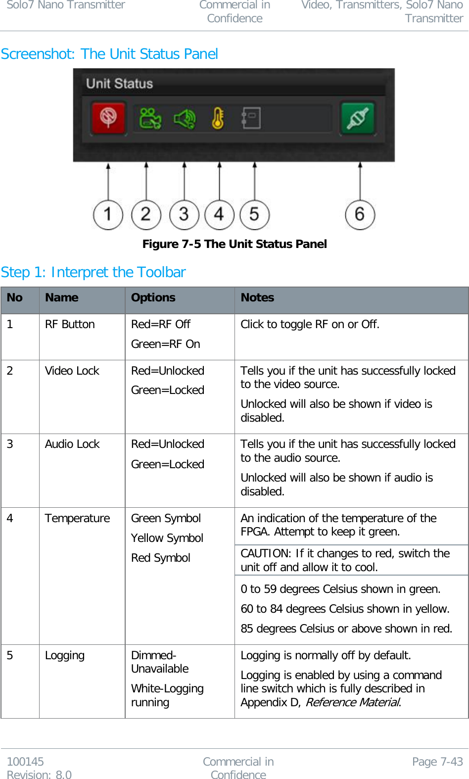 Solo7 Nano Transmitter  Commercial in Confidence Video, Transmitters, Solo7 Nano Transmitter  100145 Revision: 8.0 Commercial in Confidence Page 7-43  Screenshot: The Unit Status Panel  Figure 7-5 The Unit Status Panel Step 1: Interpret the Toolbar  No Name Options Notes 1 RF Button Red=RF Off Green=RF On Click to toggle RF on or Off.  2 Video Lock Red=Unlocked Green=Locked Tells you if the unit has successfully locked to the video source.  Unlocked will also be shown if video is disabled. 3 Audio Lock Red=Unlocked Green=Locked Tells you if the unit has successfully locked to the audio source. Unlocked will also be shown if audio is disabled. 4 Temperature Green Symbol Yellow Symbol Red Symbol An indication of the temperature of the FPGA. Attempt to keep it green. CAUTION: If it changes to red, switch the unit off and allow it to cool. 0 to 59 degrees Celsius shown in green. 60 to 84 degrees Celsius shown in yellow. 85 degrees Celsius or above shown in red. 5 Logging Dimmed-Unavailable White-Logging running Logging is normally off by default. Logging is enabled by using a command line switch which is fully described in Appendix D, Reference Material. 