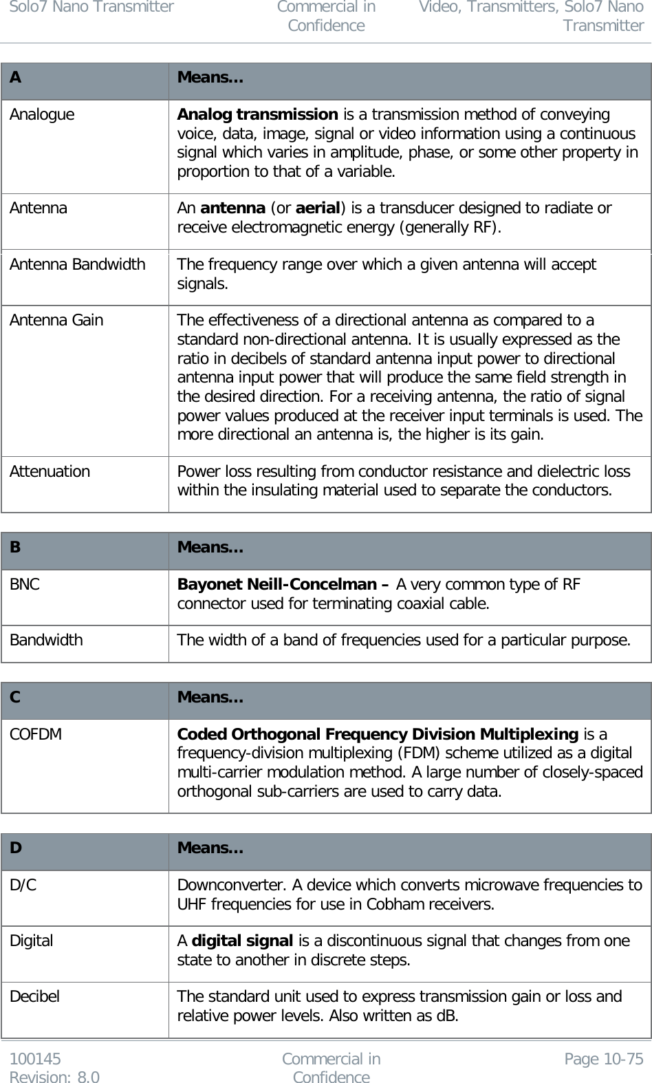 Solo7 Nano Transmitter  Commercial in Confidence Video, Transmitters, Solo7 Nano Transmitter  100145 Revision: 8.0 Commercial in Confidence Page 10-75  A Means… Analogue Analog transmission is a transmission method of conveying voice, data, image, signal or video information using a continuous signal which varies in amplitude, phase, or some other property in proportion to that of a variable. Antenna An antenna (or aerial) is a transducer designed to radiate or receive electromagnetic energy (generally RF). Antenna Bandwidth The frequency range over which a given antenna will accept signals. Antenna Gain The effectiveness of a directional antenna as compared to a standard non-directional antenna. It is usually expressed as the ratio in decibels of standard antenna input power to directional antenna input power that will produce the same field strength in the desired direction. For a receiving antenna, the ratio of signal power values produced at the receiver input terminals is used. The more directional an antenna is, the higher is its gain. Attenuation Power loss resulting from conductor resistance and dielectric loss within the insulating material used to separate the conductors.  B Means… BNC Bayonet Neill-Concelman – A very common type of RF connector used for terminating coaxial cable. Bandwidth The width of a band of frequencies used for a particular purpose.  C Means… COFDM Coded Orthogonal Frequency Division Multiplexing is a frequency-division multiplexing (FDM) scheme utilized as a digital multi-carrier modulation method. A large number of closely-spaced orthogonal sub-carriers are used to carry data.  D Means… D/C Downconverter. A device which converts microwave frequencies to UHF frequencies for use in Cobham receivers. Digital A digital signal is a discontinuous signal that changes from one state to another in discrete steps. Decibel The standard unit used to express transmission gain or loss and relative power levels. Also written as dB. 