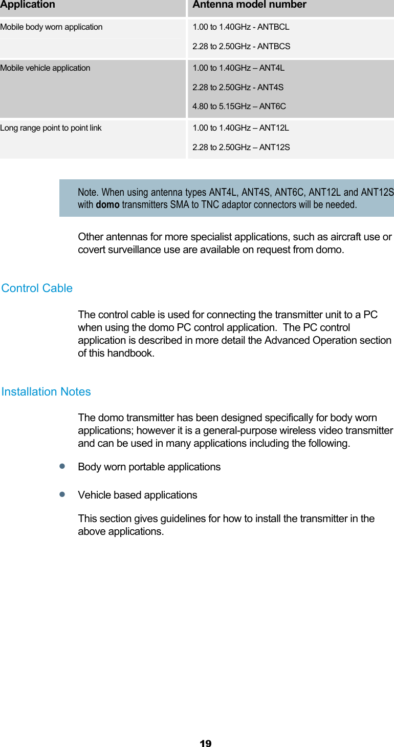  19  Application  Antenna model number Mobile body worn application  1.00 to 1.40GHz - ANTBCL 2.28 to 2.50GHz - ANTBCS Mobile vehicle application  1.00 to 1.40GHz – ANT4L 2.28 to 2.50GHz - ANT4S 4.80 to 5.15GHz – ANT6C Long range point to point link  1.00 to 1.40GHz – ANT12L 2.28 to 2.50GHz – ANT12S  Note. When using antenna types ANT4L, ANT4S, ANT6C, ANT12L and ANT12S with domo transmitters SMA to TNC adaptor connectors will be needed. Other antennas for more specialist applications, such as aircraft use or covert surveillance use are available on request from domo.  Control Cable The control cable is used for connecting the transmitter unit to a PC when using the domo PC control application.  The PC control application is described in more detail the Advanced Operation section of this handbook.  Installation Notes The domo transmitter has been designed specifically for body worn applications; however it is a general-purpose wireless video transmitter and can be used in many applications including the following.  Body worn portable applications  Vehicle based applications This section gives guidelines for how to install the transmitter in the above applications.  