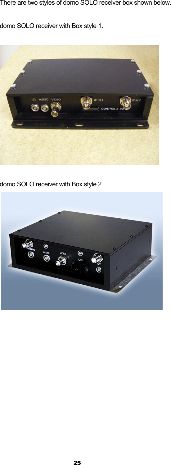  25 There are two styles of domo SOLO receiver box shown below.  domo SOLO receiver with Box style 1.    domo SOLO receiver with Box style 2.   