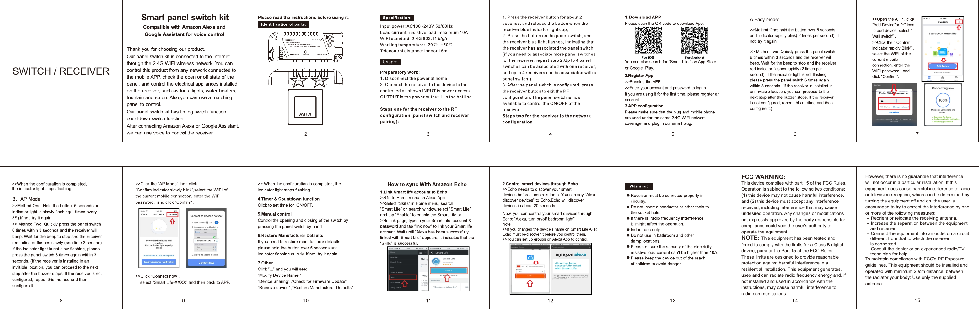 Usage:FCC WARNING:This device complies with part 15 of the FCC Rules. Operation is subject to the following two conditions: (1) this device may not cause harmful interference, and (2) this device must accept any interference received, including interference that may cause undesired operation. Any changes or modifications not expressly approved by the party responsible for compliance could void the user&apos;s authority to operate the equipment. NOTE: This equipment has been tested and found to comply with the limits for a Class B digital device, pursuant to Part 15 of the FCC Rules. These limits are designed to provide reasonable protection against harmful interference in a residential installation. This equipment generates, uses and can radiate radio frequency energy and, if not installed and used in accordance with the instructions, may cause harmful interference to radio communications.However, there is no guarantee that interference will not occur in a particular installation. If this equipment does cause harmful interference to radio or television reception, which can be determined by turning the equipment off and on, the user is encouraged to try to correct the interference by one or more of the following measures: -- Reorient or relocate the receiving antenna. -- Increase the separation between the equipment    and receiver. -- Connect the equipment into an outlet on a circuit    different from that to which the receiver    is connected. -- Consult the dealer or an experienced radio/TV    technician for help.To maintain compliance with FCC’s RF Exposure guidelines, This equipment should be installed and operated with minimum 20cm distance  between the radiator your body: Use only the supplied antenna. 14 15SWITCH / RECEIVER