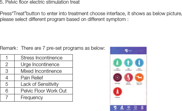 185. Pelvic floor electric stimulation treatPress“Treat”button to enter into treatment choose interface, it shows as below picture, please select different program based on different symptom : Remark：There are 7 pre-set programs as below:      1234567Stress IncontinenceUrge IncontinenceMixed IncontinencePain ReliefLack of Sensitivity Pelvic Floor Work OutFrequency 