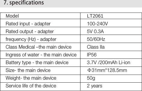 23LT2061100-240V5V 0.3A50/60HzClass IIaIP563.7V /200mAh Li-ionФ31mm*128.5mm50g2 yearsModelRated input - adapter Rated output - adapter frequency (Hz) - adapterClass Medical –the main deviceIngress of water - the main deviceBattery type - the main device Size- the main deviceWeight- the main deviceService life of the device 7. specifications