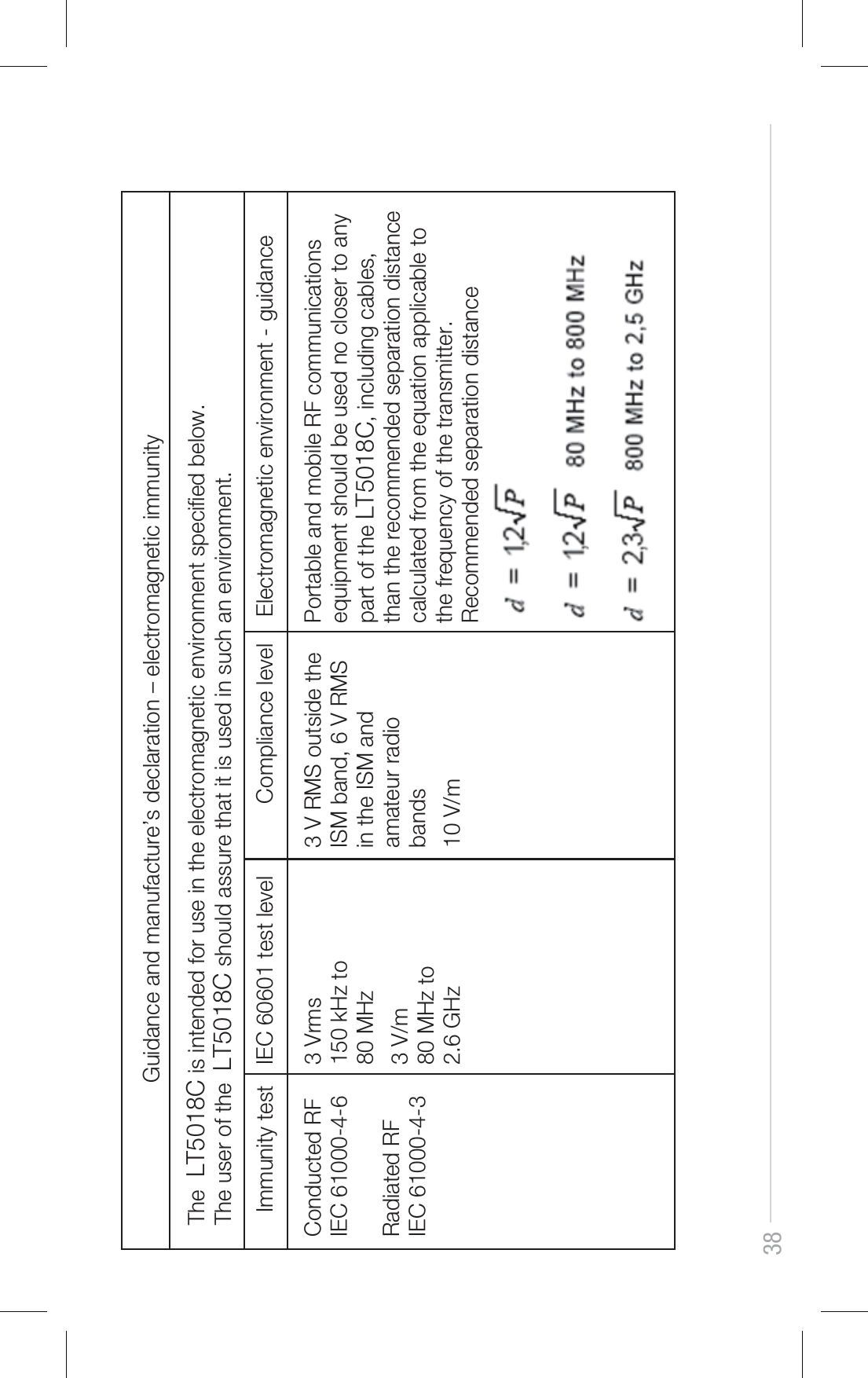 38Guidance and manufacture’s declaration – electromagnetic immunityThe  LT5018C is intended for use in the electromagnetic environment specied below. The user of the  LT5018C should assure that it is used in such an environment.Immunity testConducted RFIEC 61000-4-6Radiated RFIEC 61000-4-33 Vrms150 kHz to 80 MHz3 V/m80 MHz to 2.6 GHz3 V RMS outside theISM band, 6 V RMS in the ISM and amateur radio bands10 V/mPortable and mobile RF communications equipment should be used no closer to any part of the LT5018C, including cables, than the recommended separation distance calculated from the equation applicable to the frequency of the transmitter.Recommended separation distanceIEC 60601 test level Compliance level Electromagnetic environment - guidance