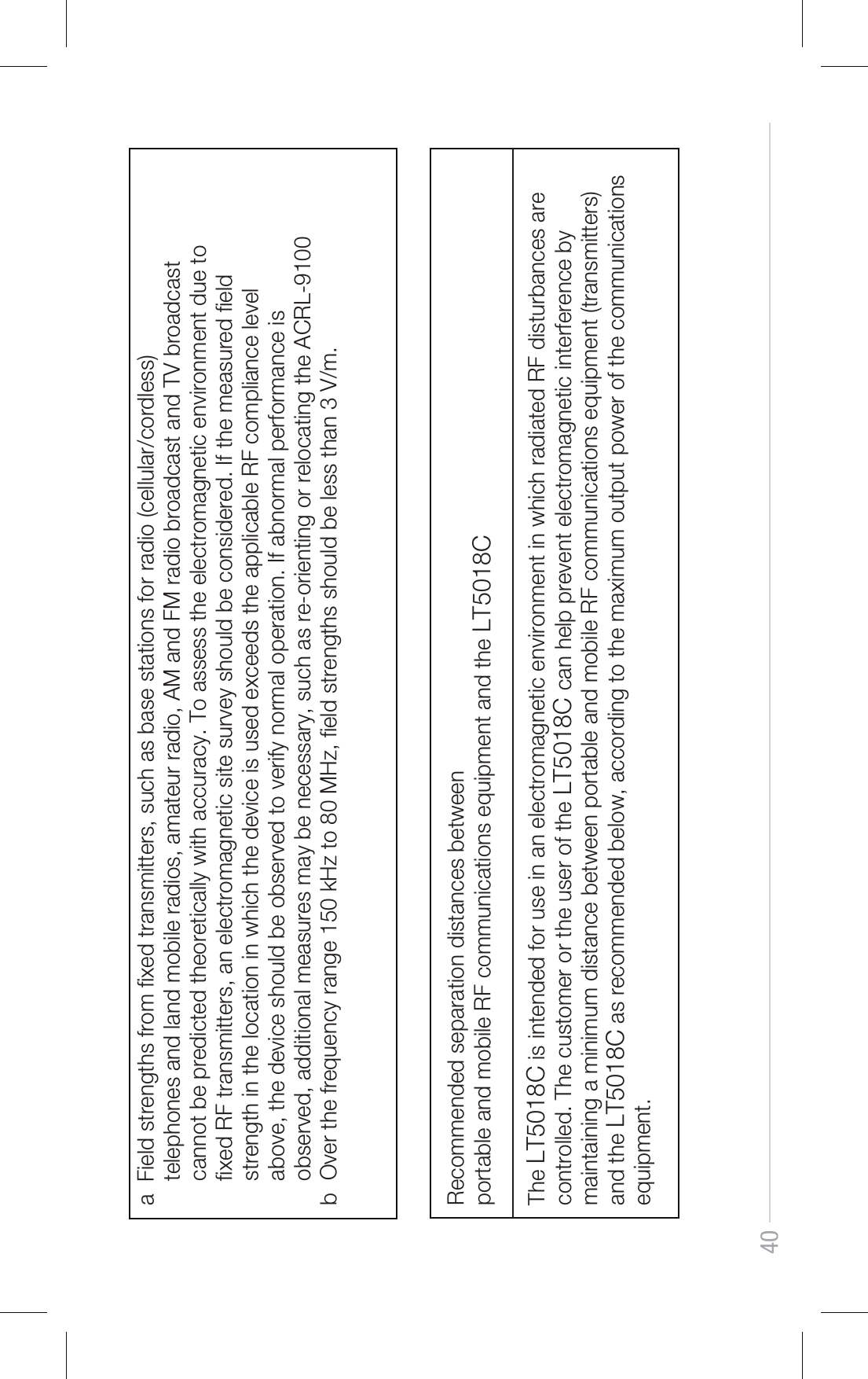 40a  Field strengths from xed transmitters, such as base stations for radio (cellular/cordless)       telephones and land mobile radios, amateur radio, AM and FM radio broadcast and TV broadcast      cannot be predicted theoretically with accuracy. To assess the electromagnetic environment due to     xed RF transmitters, an electromagnetic site survey should be considered. If the measured eld     strength in the location in which the device is used exceeds the applicable RF compliance level     above, the device should be observed to verify normal operation. If abnormal performance is     observed, additional measures may be necessary, such as re-orienting or relocating the ACRL-9100b  Over the frequency range 150 kHz to 80 MHz, eld strengths should be less than 3 V/m.The LT5018C is intended for use in an electromagnetic environment in which radiated RF disturbances are controlled. The customer or the user of the LT5018C can help prevent electromagnetic interference by maintaining a minimum distance between portable and mobile RF communications equipment (transmitters) and the LT5018C as recommended below, according to the maximum output power of the communications equipment.Recommended separation distances between portable and mobile RF communications equipment and the LT5018C