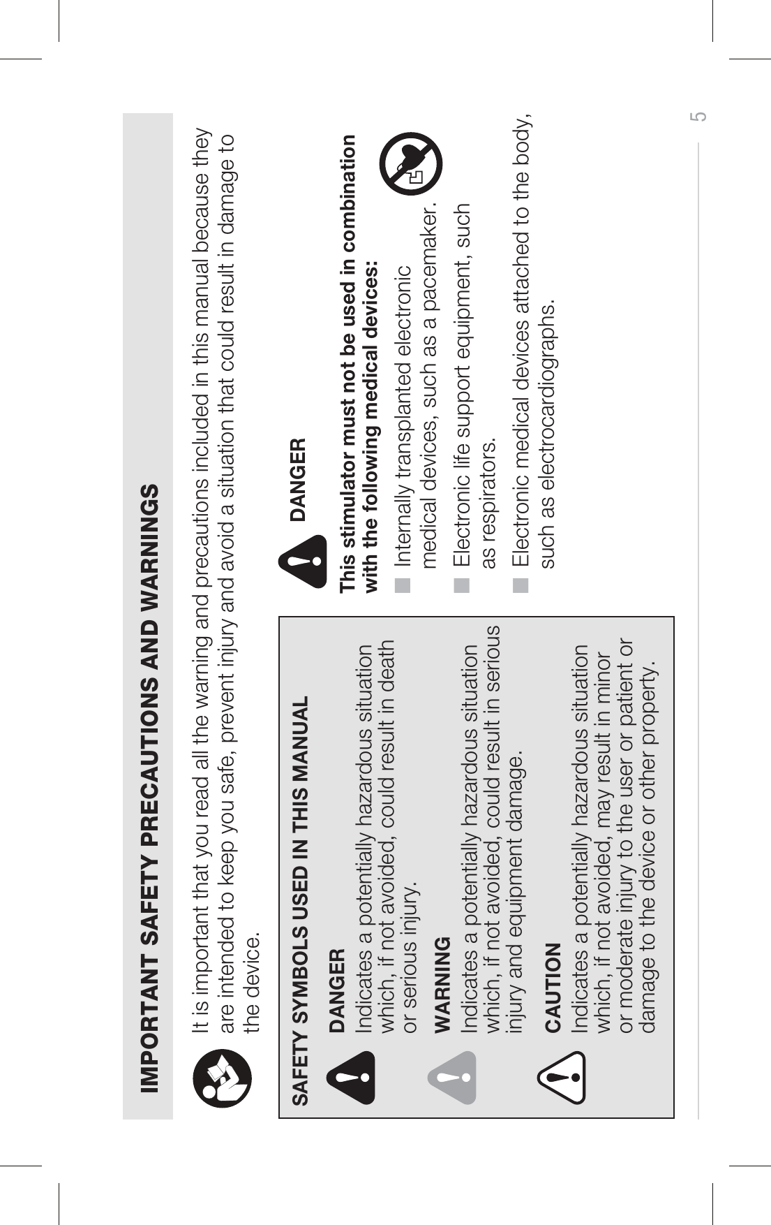 5SAFETY SYMBOLS USED IN THIS MANUALIMPORTANT SAFETY PRECAUTIONS AND WARNINGSIt is important that you read all the warning and precautions included in this manual because they are intended to keep you safe, prevent injury and avoid a situation that could result in damage to the device.DANGERDANGERIndicates a potentially hazardous situation which, if not avoided, could result in death or serious injury.WARNINGIndicates a potentially hazardous situation which, if not avoided, could result in serious injury and equipment damage.■  Internally transplanted electronic     medical devices, such as a pacemaker.■  Electronic life support equipment, such     as respirators. ■  Electronic medical devices attached to the body,     such as electrocardiographs.CAUTIONIndicates a potentially hazardous situation which, if not avoided, may result in minor or moderate injury to the user or patient or damage to the device or other property.This stimulator must not be used in combination with the following medical devices: