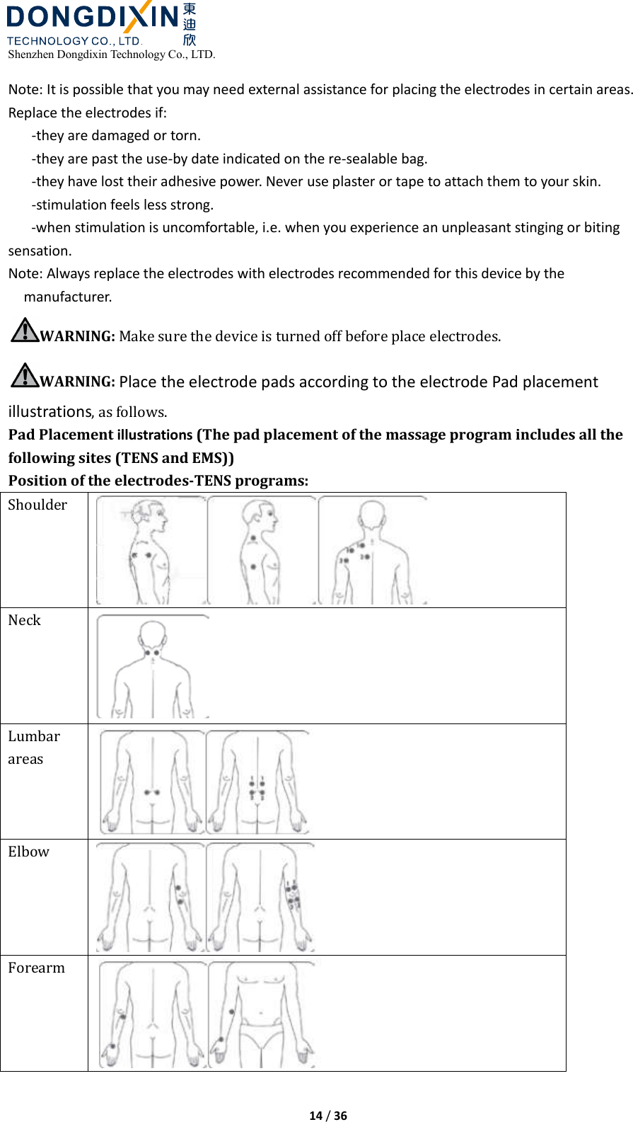  Shenzhen Dongdixin Technology Co., LTD.  14 / 36  Note: It is possible that you may need external assistance for placing the electrodes in certain areas. Replace the electrodes if:   -they are damaged or torn.   -they are past the use-by date indicated on the re-sealable bag.   -they have lost their adhesive power. Never use plaster or tape to attach them to your skin.   -stimulation feels less strong. -when stimulation is uncomfortable, i.e. when you experience an unpleasant stinging or biting sensation. Note: Always replace the electrodes with electrodes recommended for this device by the manufacturer. WARNING: Make sure the device is turned off before place electrodes. WARNING: Place the electrode pads according to the electrode Pad placement illustrations, as follows. Pad Placement illustrations (The pad placement of the massage program includes all the following sites (TENS and EMS)) Position of the electrodes-TENS programs: Shoulder  Neck  Lumbar areas  Elbow  Forearm  