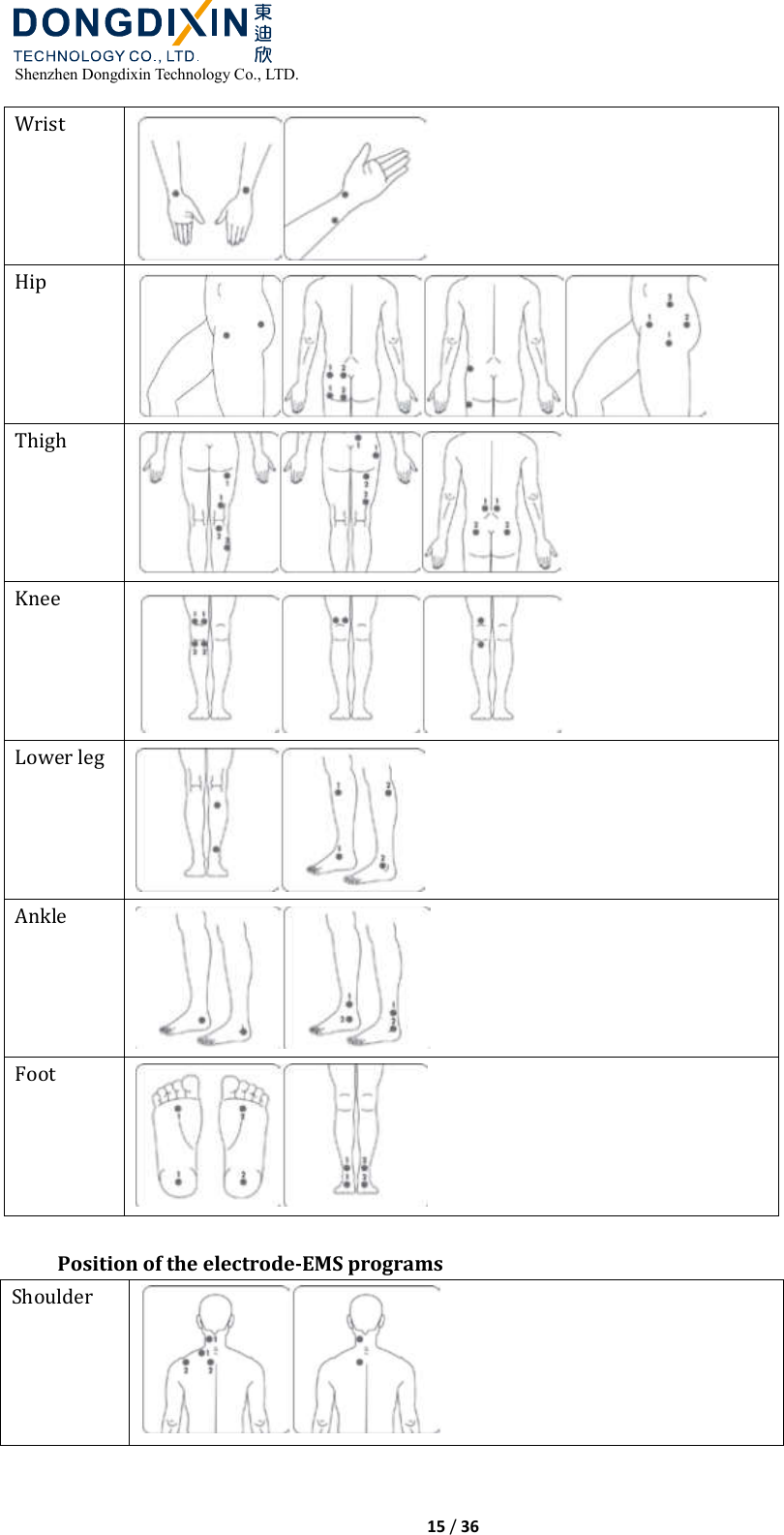  Shenzhen Dongdixin Technology Co., LTD.  15 / 36  Wrist  Hip  Thigh  Knee  Lower leg  Ankle  Foot   Position of the electrode-EMS programs Shoulder  