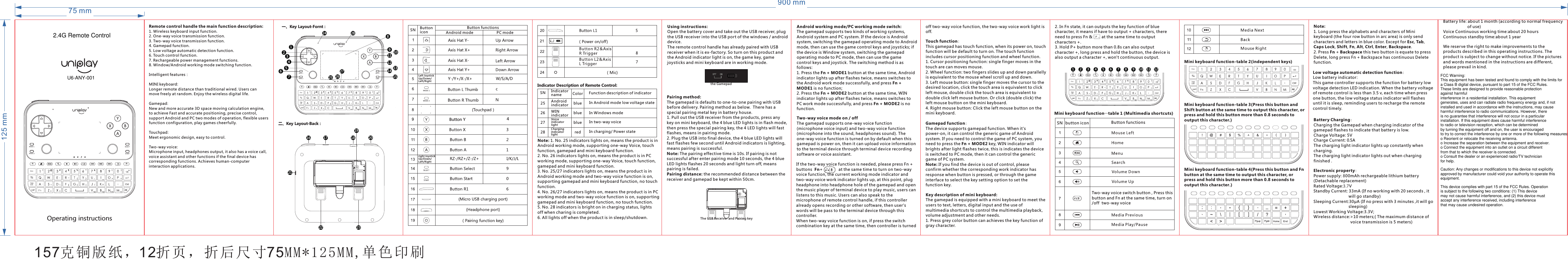 二、Key Layout-Back :16 201817192122 23一、Key Layout-Fornt :536910111213147212415425 262728 8Operating instructionsFn+12345678910 11 12Remote control handle the main function description:1. Wireless keyboard input function. 2. One-way voice transmission function. 3. Two-way voice transmission function.4. Gamepad function.5. Low voltage automatic detection function.6. Touch control function.7. Rechargeable power management functions.8. Window/Android working mode switching function.Intelligent features：MINI keyboard:Longer remote distance than traditional wired. Users can move freely at random. Enjoy the wireless digital life.Gamepad:New and more accurate 3D space moving calculation engine, to achieve Fast and accurate positioning, precise control, support Android and PC two modes of operation, flexible users function configuration, play games cheerfully.Touchpad:Meet ergonomic design, easy to control.Two-way voice:Microphone input, headphones output, it also has a voice call, voice assistant and other functions if the final device has corresponding functions. Achieves human-computer interaction applications.SN Button iconButton functionsAndroid mode PC modeLeft Joystick Up/Down/Left/Right9Button Y 4right Joystick Up/Down/Left/RightIndicator Description of Remote Control:SN Indicator name   Color  Function description of indicator blue In Android mode low voltage state blue In Windows mode        blue           In two-way voice    red           In charging/ Power state25 26 27 28 Android indicator  WIN indicator  Voice indicator light  Charging indicator light Using instructions:Open the batter y cover and take out the USB receiver, plug the USB receiver into the USB port of the windows / android device.The remote control handle has already paired with USB receiver when it is ex-factory. So turn on this product and the Android indicator light is on, the game key, game joysticks and mini keyboard are in working mode.Pairing method:The gamepad is defaults to one-to-one pairing with USB before deliver y. Pairing method as below.  There has a special pairing metal key in batter y house.                                  1. Pull out the USB receiver from the products, press any key on mini keyboard, the 4 blue LED lights is in flash mode, then press the special pairing key, the 4 LED lights will fast flashes, means in pairing mode.2. Plug the USB into final device, the 4 blue LED lights will fast flashes few second until Android indicators is lighting, means pairing is successful.Note: The pairing effective time is 10s. If pairing is not successful after enter pairing mode 10 seconds, the 4 blue LED lights flashes 20 seconds and light turn off, means pairing is failed.Pairing distance: the recommended distance between the receiver and gamepad be kept within 50cm.Android working mode/PC working mode switch:The gamepad supports two kinds of working systems, Android system and PC system. If the device is Android system, switching the gamepad operating mode to Android mode, then can use the game control keys and joysticks; if the device is Window system, switching the gamepad operating mode to PC mode, then can use the game control keys and joystick. The switching method is as follows:1. Press the Fn + MODE1 button at the same time, Android indicator lights up after flashes twice, means switches to the Android work mode successfully, and press Fn + MODE1 is no function;2. Press the Fn + MODE2 button at the same time, WIN indicator lights up after flashes twice, means switches to PC work mode successfully, and press Fn + MODE2 is no function.Two-way voice mode on / offThe gamepad supports one-way voice function (microphone voice input) and two-way voice function (microphone into the sound, headphones sound). The one-way voice function is turned on by default when this gamepad is power on, then it can upload voice information to the terminal device through terminal device recording software or voice assistant.If the two-way voice function is needed, please press Fn + buttons                       at the same time to turn on two-way voice function, the current working mode indicator and two-way voice work indicator lights up, at this point, plug headphone into headphone hole of the gamepad and open the music player of terminal device to play music, users can listens to this music. Users can also speak to the microphone of remote control handle, if this controller already opens recording or other software, then user's words will be pass to the terminal device through this controller.When two-way voice function is on, if press the switch combination key at the same time, then controller is turned off two-way voice function, the two-way voice work light is off.Touch function:This gamepad has touch function, when its power on, touch function will be default to turn on. The touch function includes cursor positioning function and wheel function.1. Cursor positioning function: single finger moves in the touch are can moves mouse.2. Wheel function: two fingers slides up and down parallelly is equivalent to the mouse wheel scroll up and down.3. Left mouse button: single finger moves the cursor to the desired location, click the touch area is equivalent to click left mouse, double click the touch area is equivalent to double click left mouse button. Or click (double click) the left mouse button on the mini keyboard.4. Right mouse button: Click the left mouse button on the mini keyboard.Gamepad function:The device supports gamepad function. When it's power-on, it can control the generic game of Android system. If you need to control the game of PC system, you need to press the Fn + MODE2 key, WIN indicator will brights after light flashes twice, this is indicates the device is switched to PC mode, then it can control the generic game of PC system.Note: If you find the device is out of control, please confirm whether the corresponding work indicator has response when button is pressed, or through the game interface to select the key setting option to set the function key.Key description of mini keyboard:The gamepad is equipped with a mini keyboard to meet the users to text, letters, digital input and the use of multimedia shortcuts to control the multimedia playback, volume adjustment and other needs.1. Press grey color button can achieves the key function of gray character.2. In Fn state, it can outputs the key function of blue character, it means if have to output + characters, there need to press Fn &amp;        at the same time to output characters +.3. Hold P+ button more than 0.8s can also output character +, long press and hold the button, the device is also output a character +, won't continuous output.Mini keyboard function&mdash;table 1 (Multimedia shortcuts) SN  button icon Button functionsTwo-way voice switch button , Press this button and Fn at the same time, turn on /off  two-way voice Mini keyboard function-table 2(independent keys) Mini keyboard function-table 3(Press this button and Shift button at the same time to output this character, or press and hold this button more than 0.8 seconds to output this character.) Mini keyboard function-table 4(Press this button and Fn button at the same time to output this character, or press and hold this button more than 0.8 seconds to output this character.) Note:1. Long press the alphabets and characters of Mini keyboard (the four row button in arc area) is only send characters and letters in blue color. Except for Esc, Tab, Caps Lock, Shift, Fn, Alt, Ctrl, Enter, Backspace.2. Press Fn + Backspace this two button is equate to press Delete, long press Fn + Backspace has continuous Delete function.Low voltage automatic detection function:Low battery indicator:This game controller supports the function for battery low voltage detection LED indication. When the battery voltage of remote control is less than 3.5 v, each time when press one button, the low voltage status indicator will flashes until it is sleep, reminding users to recharge the remote control timely.Battery Charging: Charging the Gamepad when charging indicator of the gamepad flashes to indicate that battery is low.Charge Voltage: 5VCharge Current: 0.5AThe charging light indicator lights up constantly when charging. The charging light indicator lights out when charging finished .Electronic property: Power supply: 800mAh rechargeable lithium battery (Detachable replacement)Rated Voltage:3.7VStandby Current: 33mA (If no working with 20 seconds , it                   will go standby)Sleeping Current:30&mu;A (If no press with 3 minutes ,it will go                   sleeping)Lowest Working Voltage:3.3V;Wireless distance:>10 meters;( The maximum distance of                                 voice transmission is 5 meters) Battery life: about 1 month (according to normal frequency                      of use)Voice Continuous working time:about 20 hoursContinuous standby time:about 1 yearWe reserve the right to make improvements to the products described in this operating instructions. The product is subject to change without notice. If the pictures and words mentioned in the instructions are different, please prevail in kind.Note: 1. No. 25 indicators lights on, means the product is in Android working mode, supporting one-way Voice, touch function, gamepad and mini keyboard function.2. No. 26 indicators lights on, means the product is in PC working mode, supporting one-way Voice, touch function, gamepad and mini keyboard function.3. No. 25/27 indicators lights on, means the product is in Android working mode and two-way voice function is on, supporting gamepad and mini keyboard function, no touch function.4. No. 26/27 indicators lights on, means the product is in PC working mode and two-way voice function is on, supporting gamepad and mini keyboard function, no touch function.5. No. 28 indicators is bright on in charging status, lights off when charing is completed.6. All lights off when the product is in sleep/shutdown.125 mm900 mm157克铜版纸，12折页，折后尺寸75MM*125MM,单色印刷75 mmThe Power switch of the GamepadThe USB Receiver and Pairing key2.4G Remote ControlU6-ANY-001 FCC Warning:This equipment has been tested and found to comply with the limits for a Class B digital device, pursuant to part 15 of the FCC Rules. These limits are designed to provide reasonable protection against harmful interference in a residential installation. This equipment generates, uses and can radiate radio frequency energy and, if not installed and used in accordance with the instructions, may cause harmful interference to radio communications. However, there is no guarantee that interference will not occur in a particular installation. If this equipment does cause harmful interference to radio or television reception, which can be determined by turning the equipment off and on, the user is encouraged to try to correct the interference by one or more of the following measures:o Reorient or relocate the receiving antenna.o Increase the separation between the equipment and receiver.o Connect the equipment into an outlet on a circuit different from that to which the receiver is connected.o Consult the dealer or an experienced radio/TV technician for help.Caution: Any changes or modifications to this device not explicitly approved by manufacturer could void your authority to operate this equipment.This device complies with part 15 of the FCC Rules. Operation is subject to the following two conditions: (1) This device may not cause harmful interference, and (2) this device must accept any interference received, including interference that may cause undesired operation.