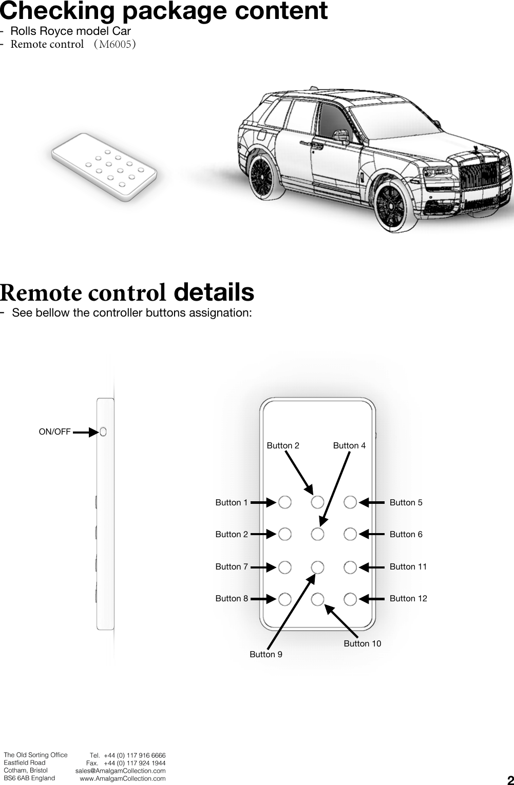 Checking package content - Rolls Royce model Car-Remote control （M6005） Remote control details -See bellow the controller buttons assignation:&quot;2ON/OFFButton 1Button 2Button 7Button 8Button 5Button 6Button 11Button 12Button 9Button 10Button 4Button 2