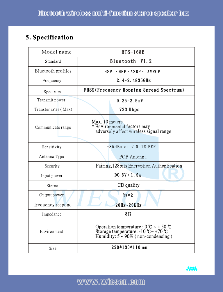 Max. 10 meters* Environmental factors may    adversely affect wireless signal rangeFH SS( Fre que ncy H o pp i ng S p rea d Spe ctr um)-8 5dB m at &lt; 0. 1% BE R PCB AntennaPairing,128bits Encryption AuthenticationDC 6 V，1.5 ACD quality3W*220 Hz~ 20K Hz8ΩOperation temperature : 0 ℃ ~ + 50 ℃Storage temperature: -10 ℃~ +70 ℃Humidity: 5 ~ 90% ( non-condensing )22 0*1 30* 110 m mB T S - 1 6 8 BB l u e t o o t h  V 1 . 2HS P 、HFP、A 2DP、 A VRC P2. 4~2 .48 35G Hz 0. 25~ 2.5 mW72 3 Kbp s