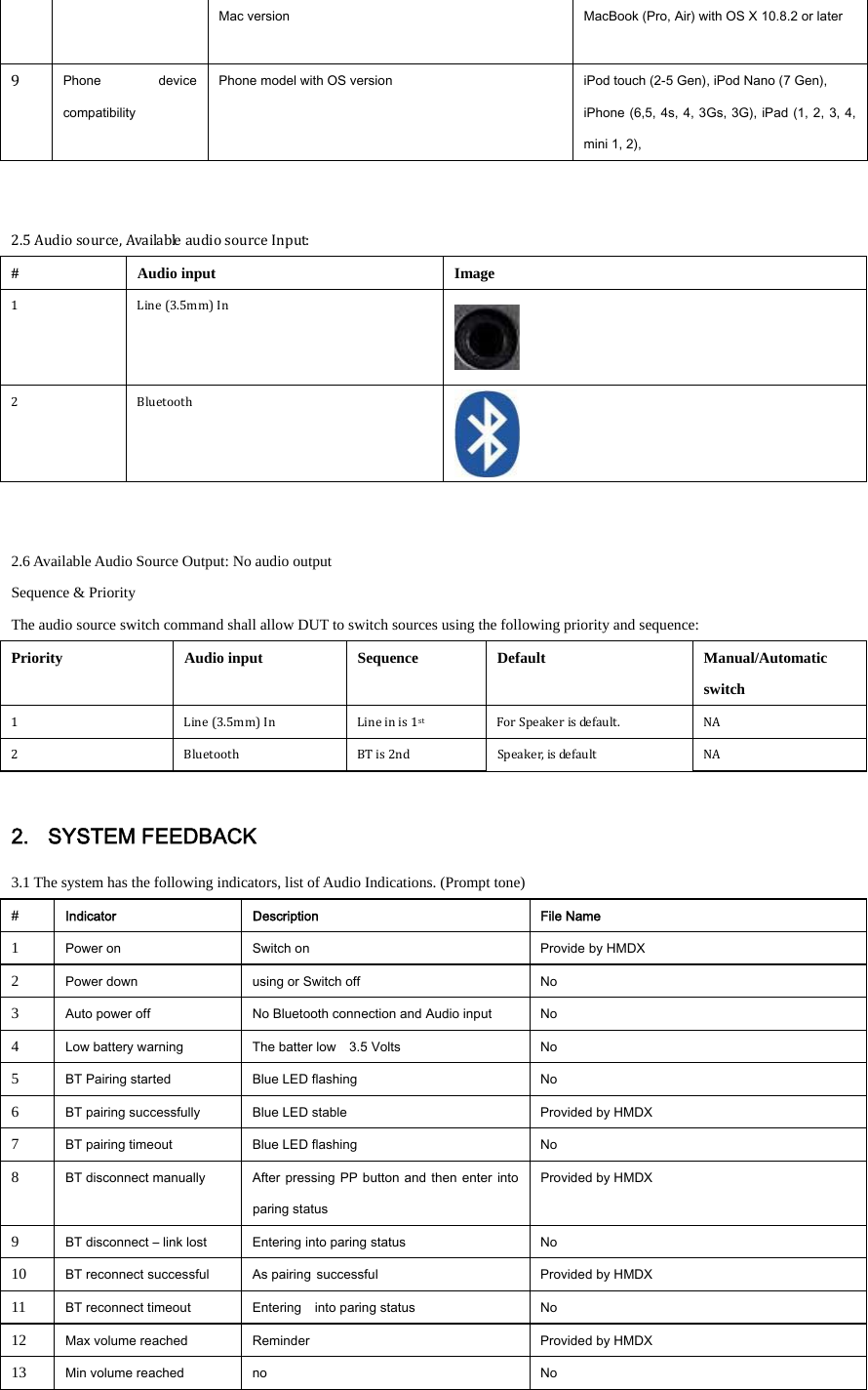   Mac version    MacBook (Pro, Air) with OS X 10.8.2 or later 9 Phone  device compatibility   Phone model with OS version    iPod touch (2-5 Gen), iPod Nano (7 Gen), iPhone (6,5, 4s, 4, 3Gs, 3G), iPad (1,  2, 3, 4, mini 1, 2), 2.5Audiosource,AvailableaudiosourceInput:# Audio input  Image 1  Line(3.5mm)In  2 Bluetooth    2.6 Available Audio Source Output: No audio output Sequence &amp; Priority The audio source switch command shall allow DUT to switch sources using the following priority and sequence: Priority Audio input Sequence Default  Manual/Automatic switch 1 Line(3.5mm)In  Lineinis1st  ForSpeakerisdefault. NA2 Bluetooth  BTis2ndSpeaker,isdefault NA 2. SYSTEM FEEDBACK 3.1 The system has the following indicators, list of Audio Indications. (Prompt tone) #  Indicator  Description  File Name 1  Power on  Switch on  Provide by HMDX 2  Power down  using or Switch off  No 3  Auto power off  No Bluetooth connection and Audio input  No 4  Low battery warning  The batter low    3.5 Volts  No 5  BT Pairing started  Blue LED flashing  No 6  BT pairing successfully  Blue LED stable  Provided by HMDX 7  BT pairing timeout  Blue LED flashing  No 8  BT disconnect manually  After pressing  PP button and  then enter  into paring status Provided by HMDX 9  BT disconnect &ndash; link lost    Entering into paring status  No 10  BT reconnect successful    As pairing successful  Provided by HMDX 11  BT reconnect timeout    Entering    into paring status  No 12  Max volume reached    Reminder    Provided by HMDX 13  Min volume reached  no  No  