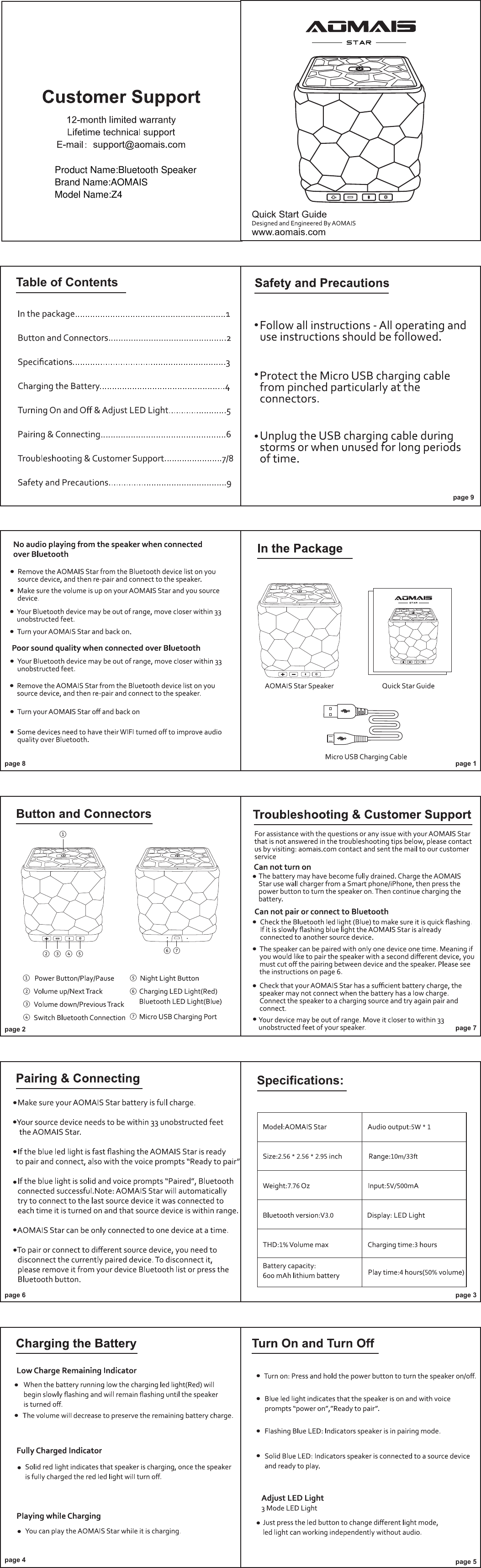 page 1page 2 page 7Table of Contentspage 9①② ③ ④ ⑤ ⑥ ⑦①②③④⑤⑥⑦page 4page 3Specifications:page 5page 8page 6Product Name:Bluetooth SpeakerBrand Name:AOMAISModel Name:Z4