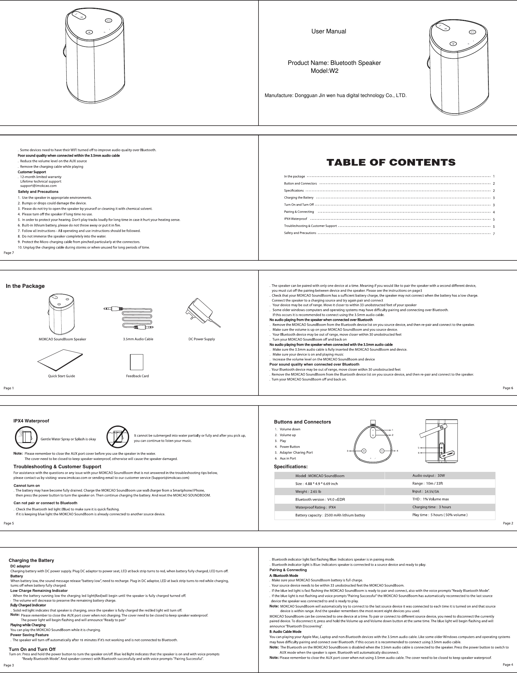 152+EDRUser ManualProduct Name: Bluetooth SpeakerModel:W2Manufacture: Dongguan Jin wen hua digital technology Co., LTD.