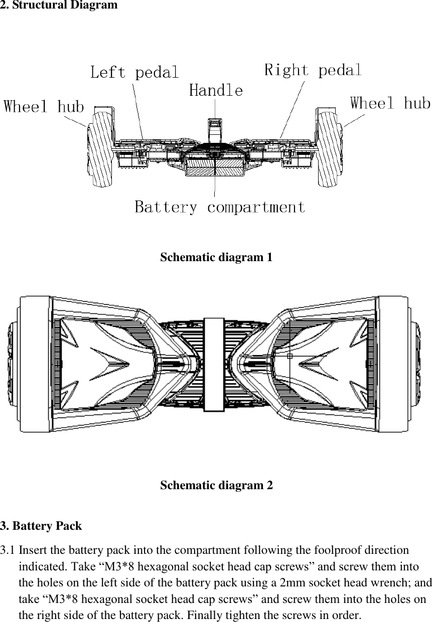  2. Structural Diagram         Schematic diagram 1   Schematic diagram 2  3. Battery Pack 3.1 Insert the battery pack into the compartment following the foolproof direction indicated. Take “M3*8 hexagonal socket head cap screws” and screw them into the holes on the left side of the battery pack using a 2mm socket head wrench; and take “M3*8 hexagonal socket head cap screws” and screw them into the holes on the right side of the battery pack. Finally tighten the screws in order.   